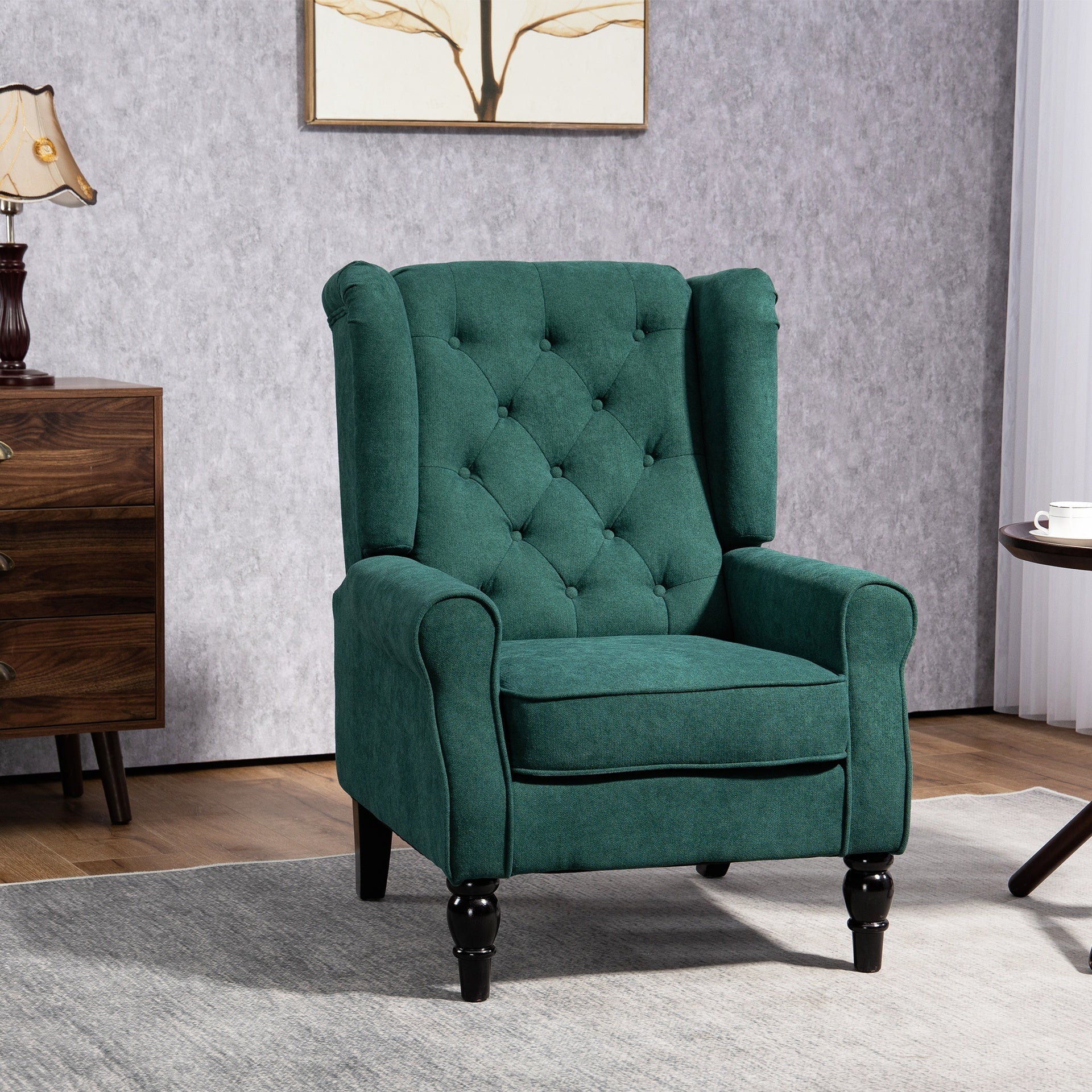 HOMCOM Wingback Accent Chair for Living Room, Button-Tufted Lounge Chair with Round Armrests and Wood Legs, Dark Green