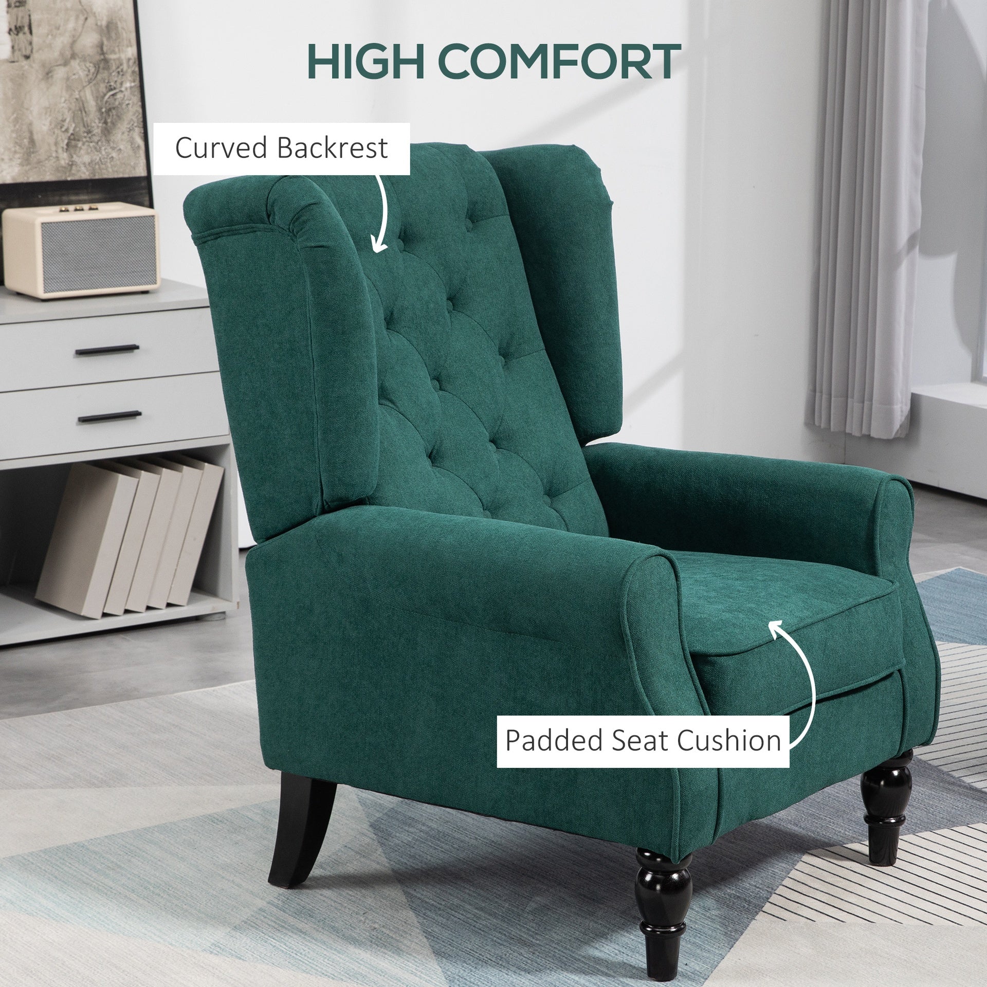 HOMCOM Wingback Accent Chair for Living Room, Button-Tufted Lounge Chair with Round Armrests and Wood Legs, Dark Green