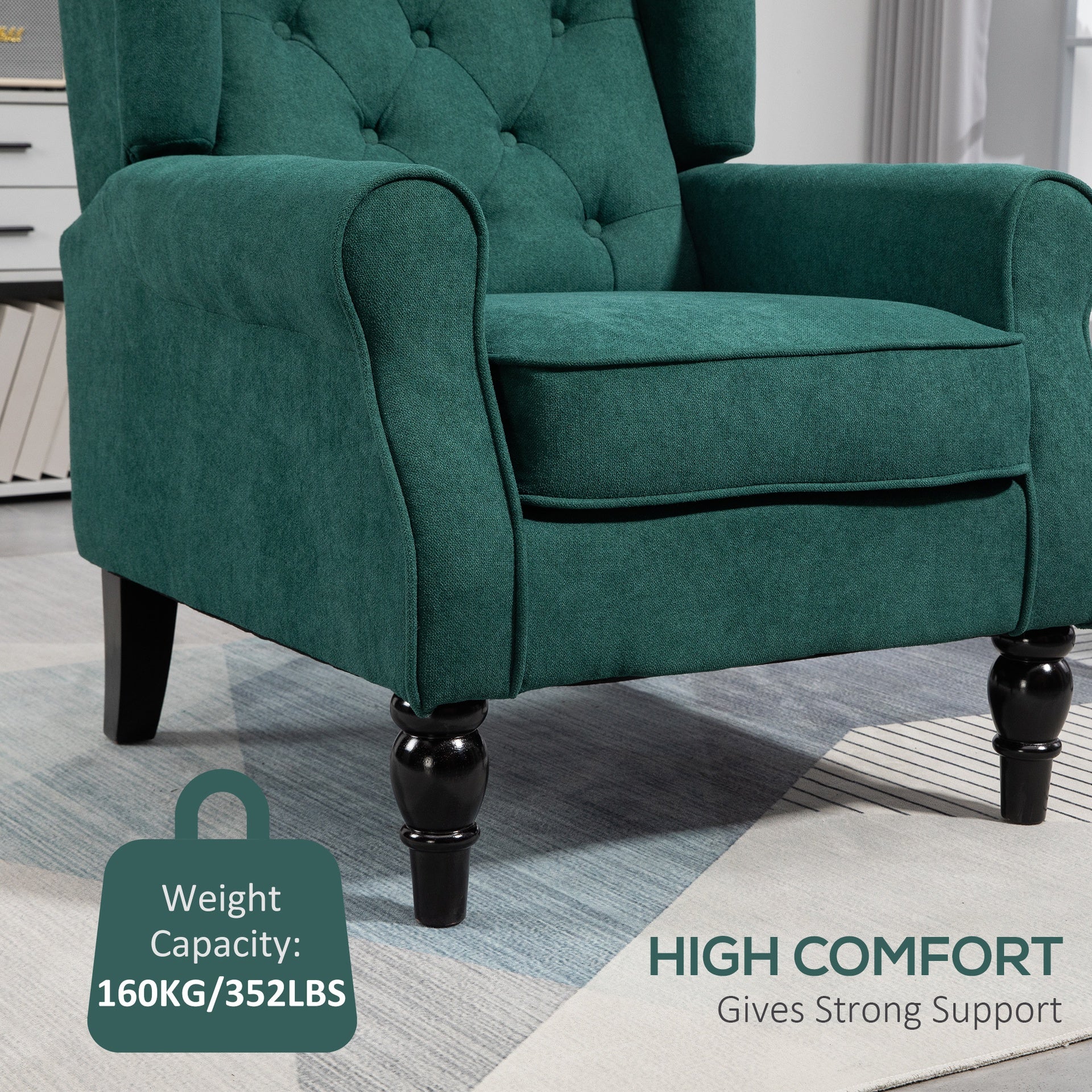 HOMCOM Wingback Accent Chair for Living Room, Button-Tufted Lounge Chair with Round Armrests and Wood Legs, Dark Green