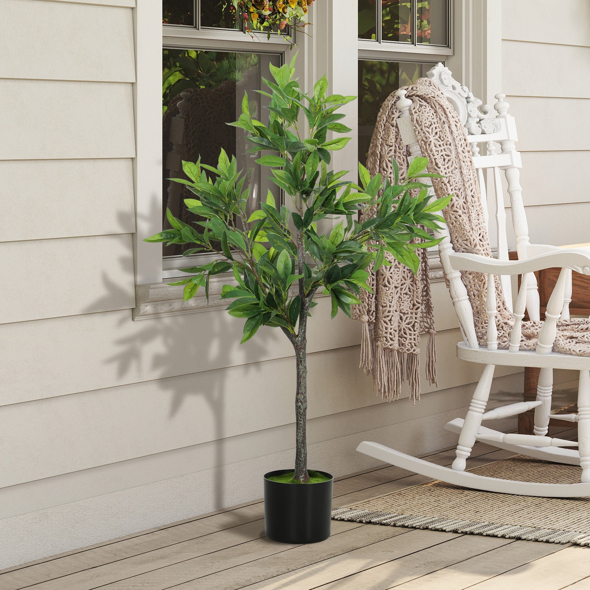 HOMCOM Potted Fake Plant, Lifelike Laurel Artificial Tree with 345 PEVA Leaves for Home Decor, Green