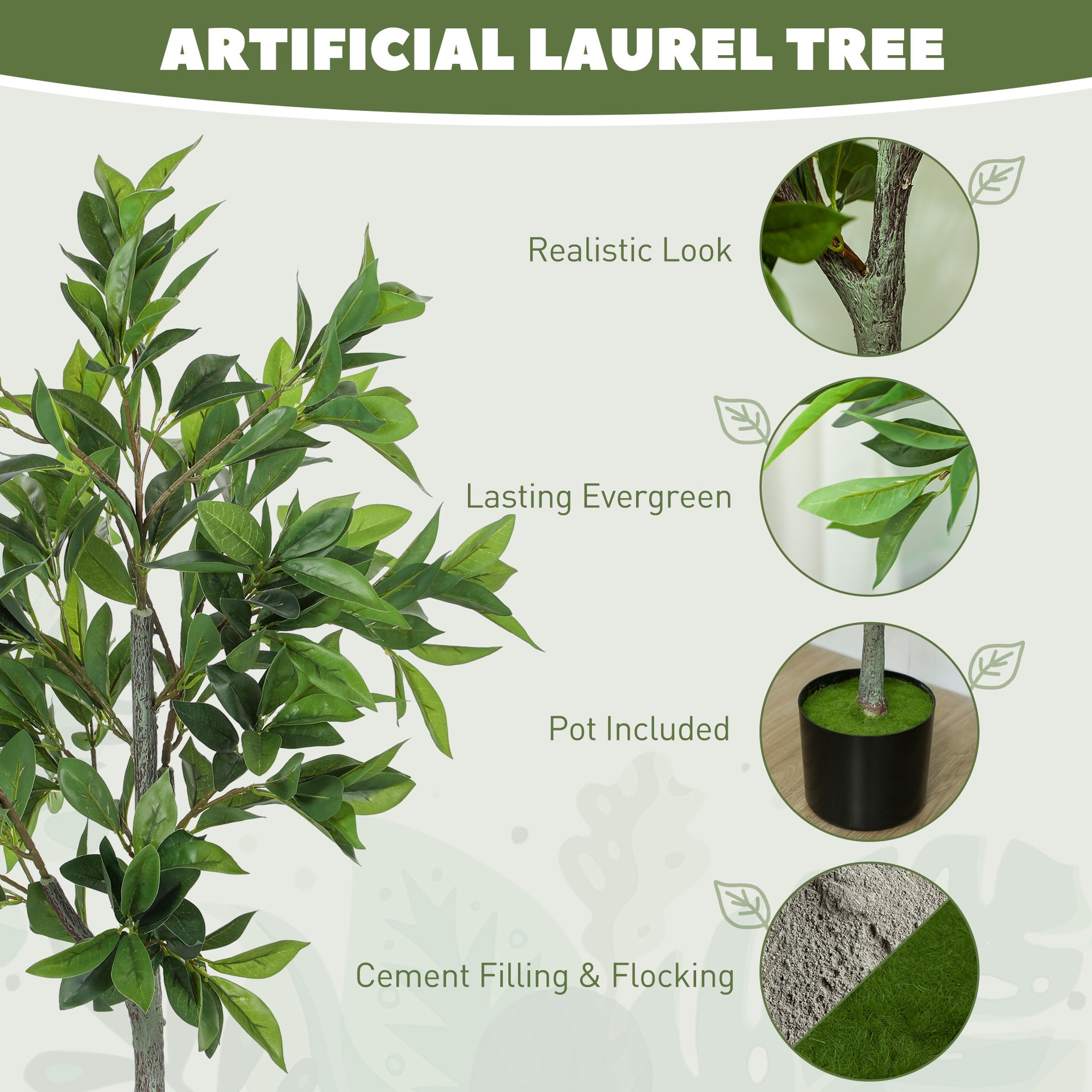HOMCOM Potted Fake Plant, Lifelike Laurel Artificial Tree with 345 PEVA Leaves for Home Decor, Green