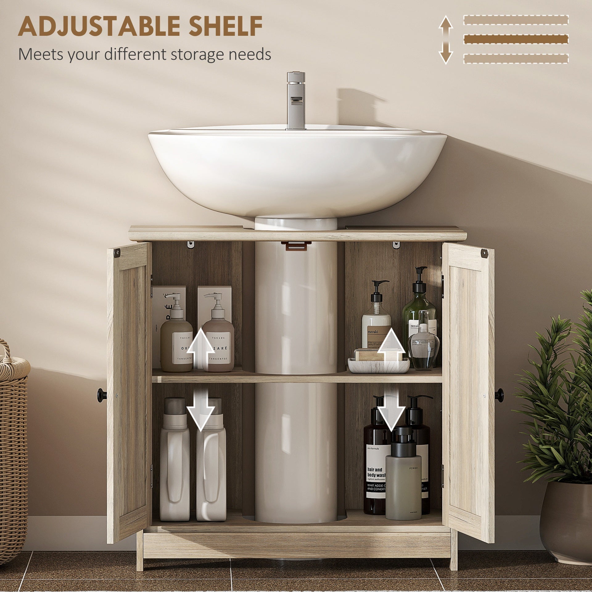 HOMCOM Bathroom Vanity Cabinet, Under Sink Bathroom Cabinet with 2 Doors and Adjustable Shelf, Weathered Gray Oak