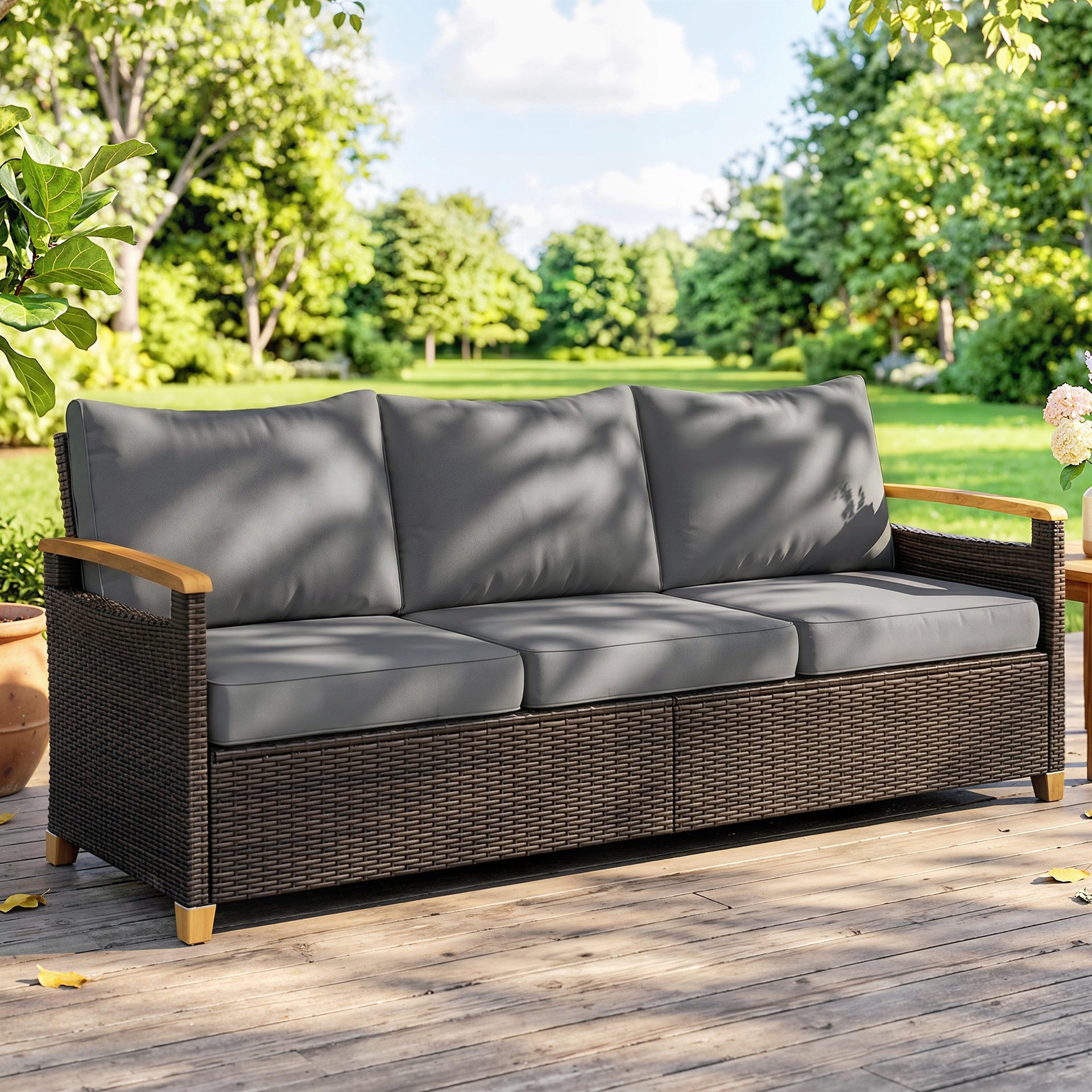Outsunny 3 Seater Outdoor Couch Sofa, PE Wicker Patio Sofa, Wide Deep Seat, 4" Cushions, Wood-Effect Armrests Legs, Gray