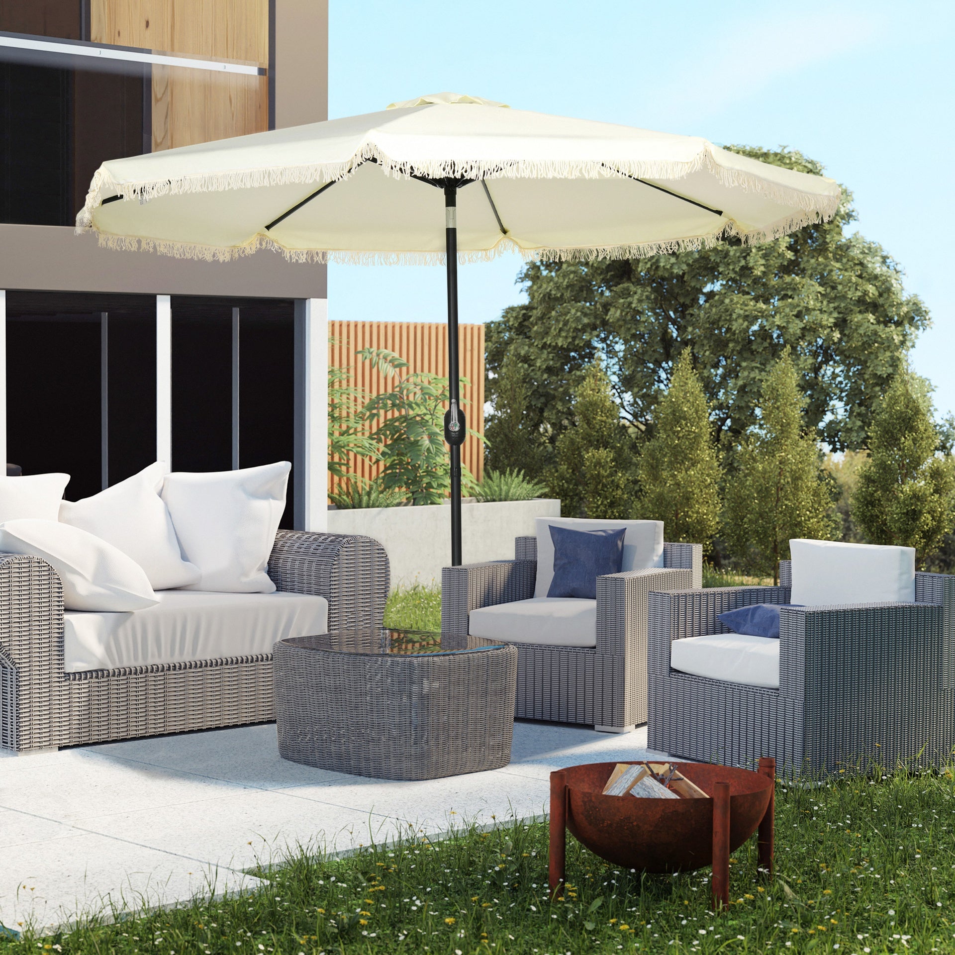 Outsunny 9 ft Cantilever Umbrella with Push Button Tilt and Crank Tassles and 8 Ribs Shade Umbrellas for Garden