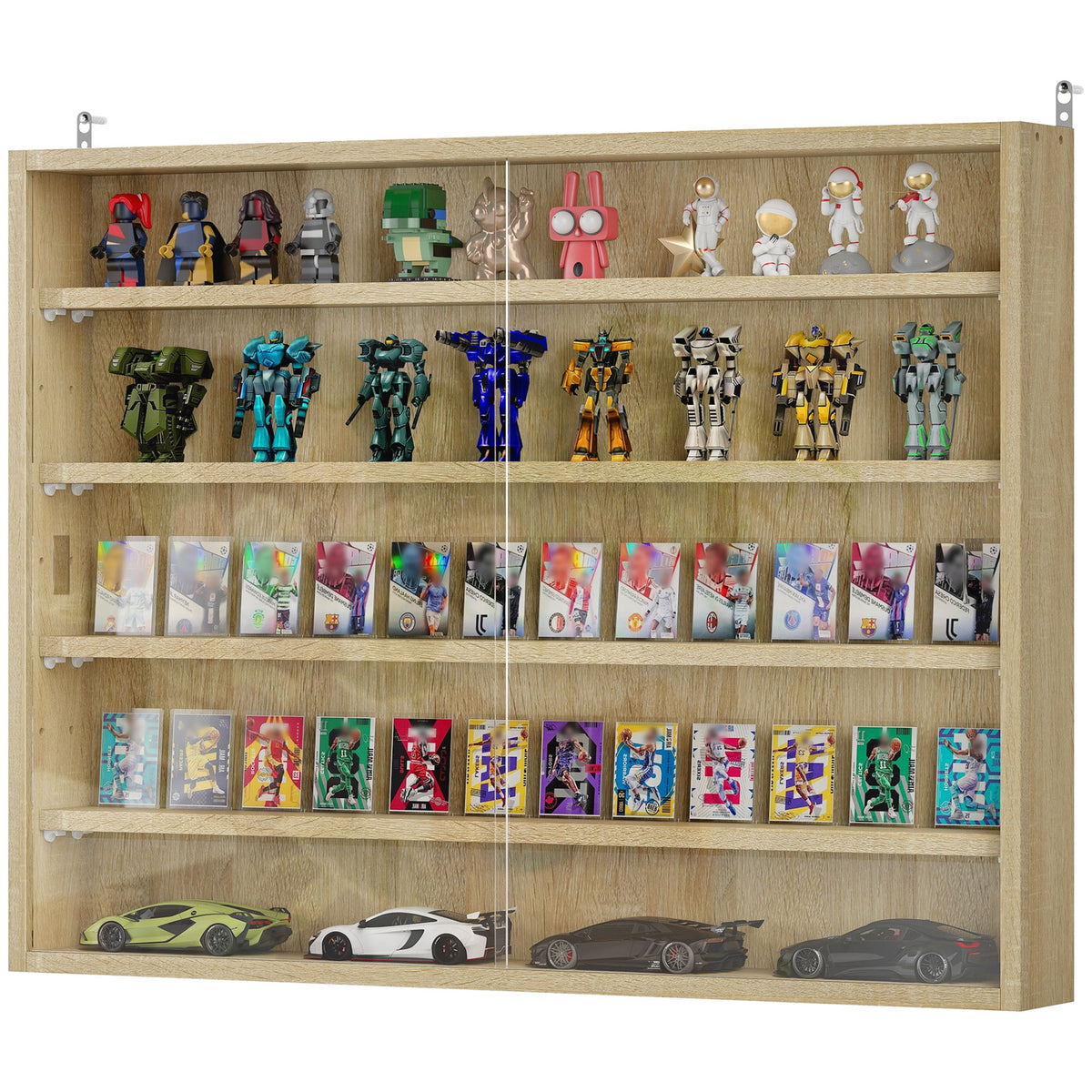 HOMCOM 5-Tier Display Cabinet, Wall-Mounted Display Case with 2 Glass Doors and Adjustable Shelves, Oak