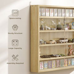HOMCOM 5-Tier Display Cabinet, Wall-Mounted Display Case with 2 Glass Doors and Adjustable Shelves, Oak