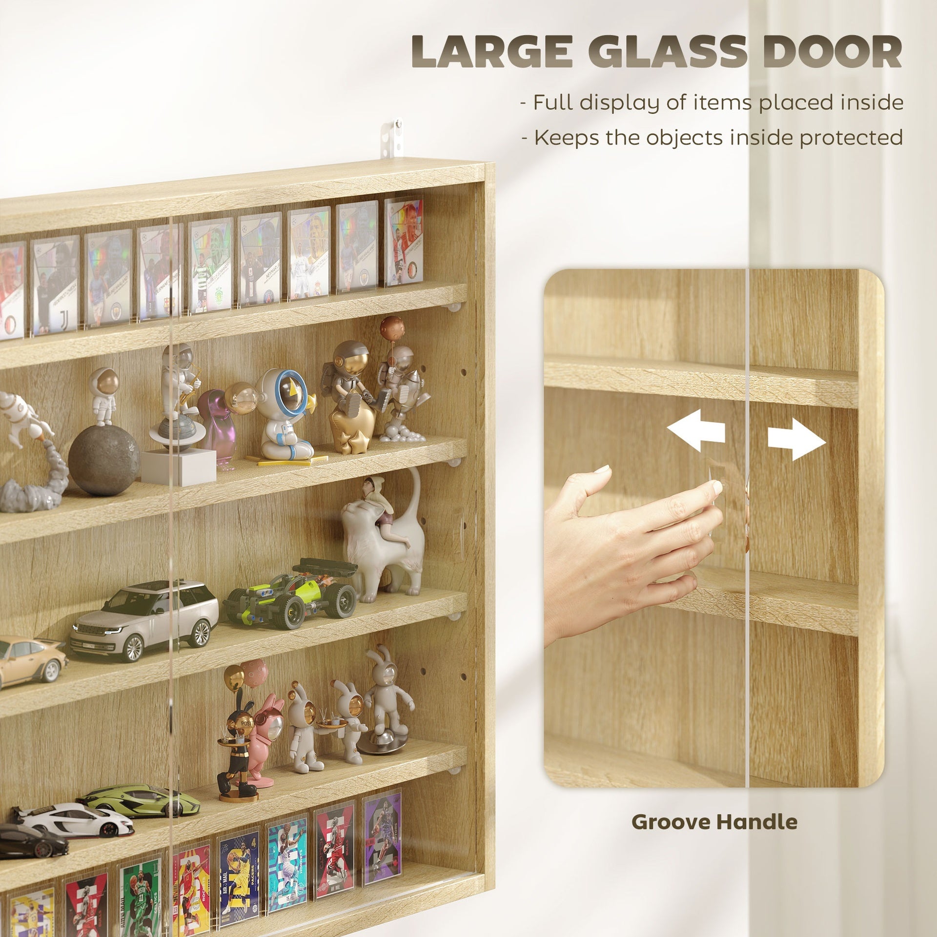 HOMCOM 5-Tier Display Cabinet, Wall-Mounted Display Case with 2 Glass Doors and Adjustable Shelves, Oak