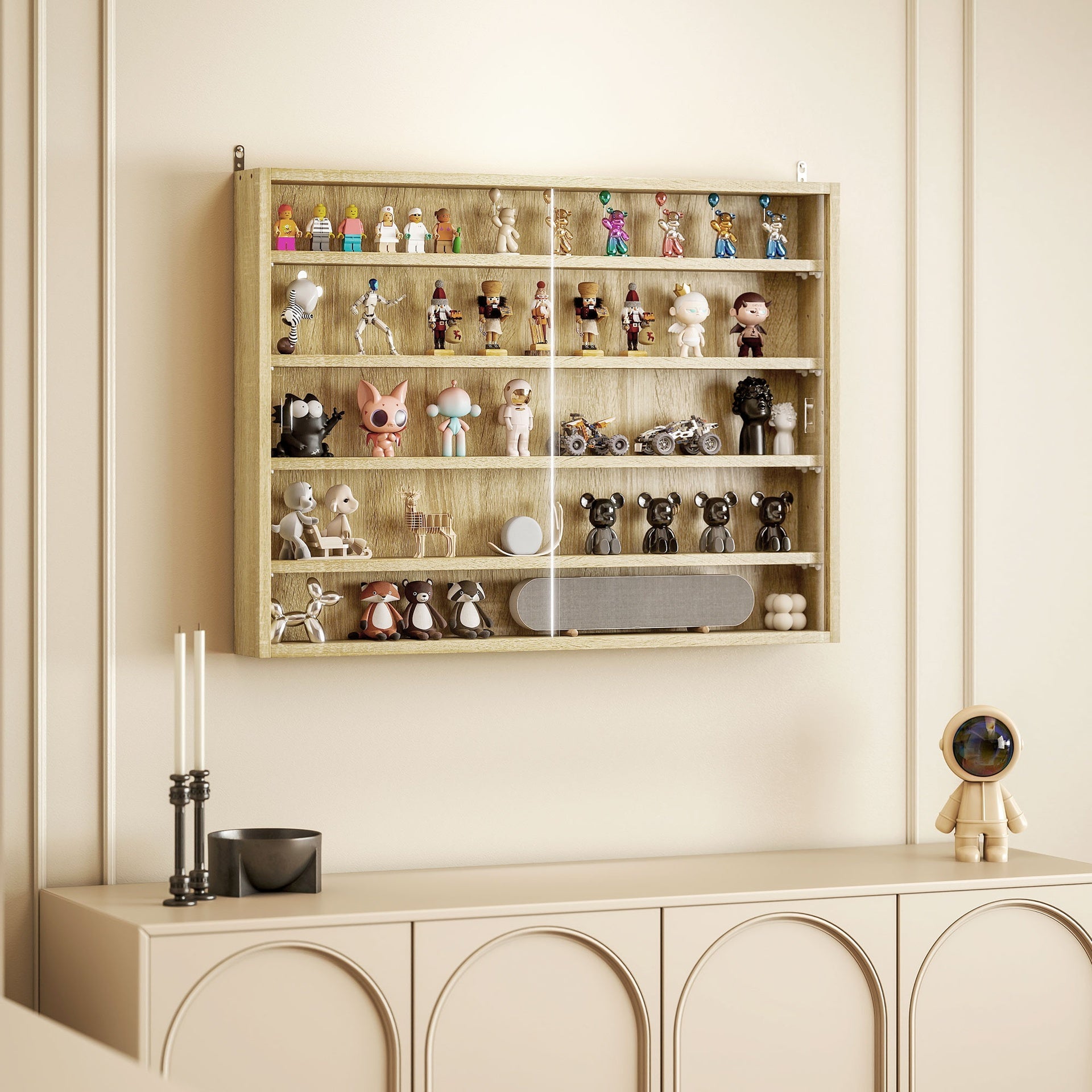 HOMCOM 5-Tier Display Cabinet, Wall-Mounted Display Case with 2 Glass Doors and Adjustable Shelves, Oak