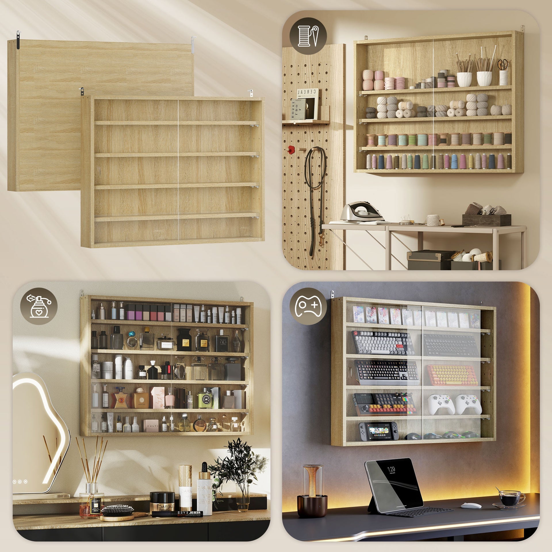 HOMCOM 5-Tier Display Cabinet, Wall-Mounted Display Case with 2 Glass Doors and Adjustable Shelves, Oak