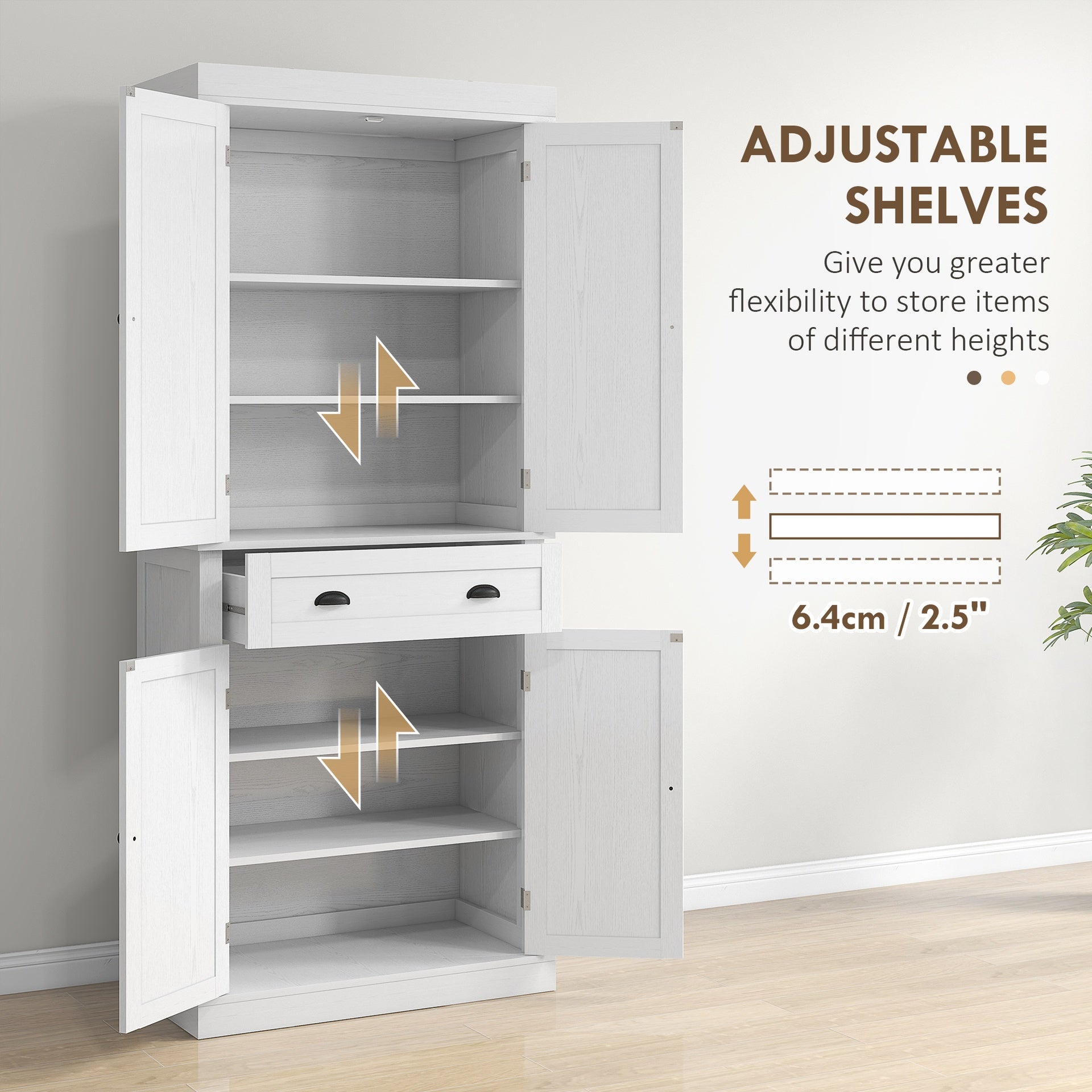 HOMCOM 72.5" Kitchen Cabinet, Pantry Storage Cabinet with Doors and Shelves, Freestanding Food Pantry Cabinet, White Wood Grain