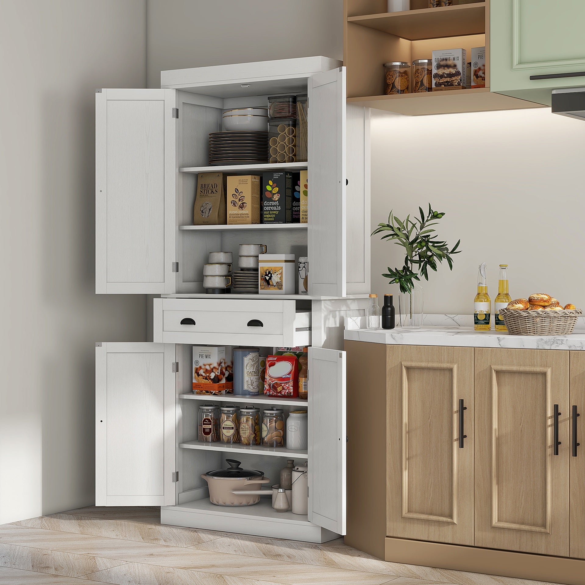HOMCOM 72.5" Kitchen Cabinet, Pantry Storage Cabinet with Doors and Shelves, Freestanding Food Pantry Cabinet, White Wood Grain