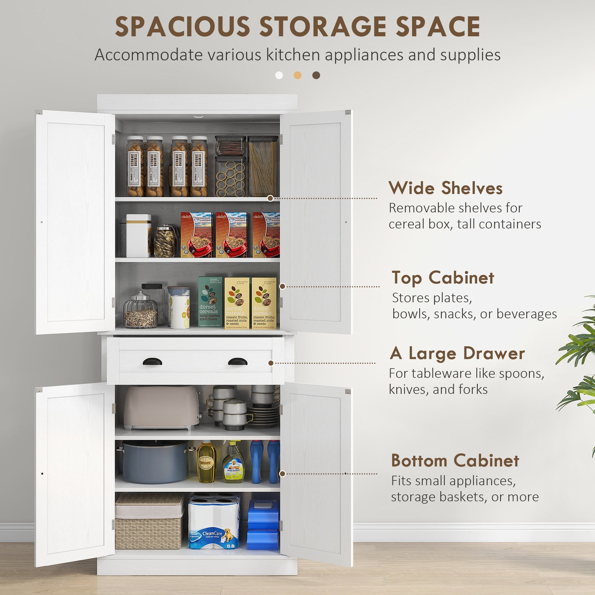 HOMCOM 72.5" Kitchen Cabinet, Pantry Storage Cabinet with Doors and Shelves, Freestanding Food Pantry Cabinet, White Wood Grain