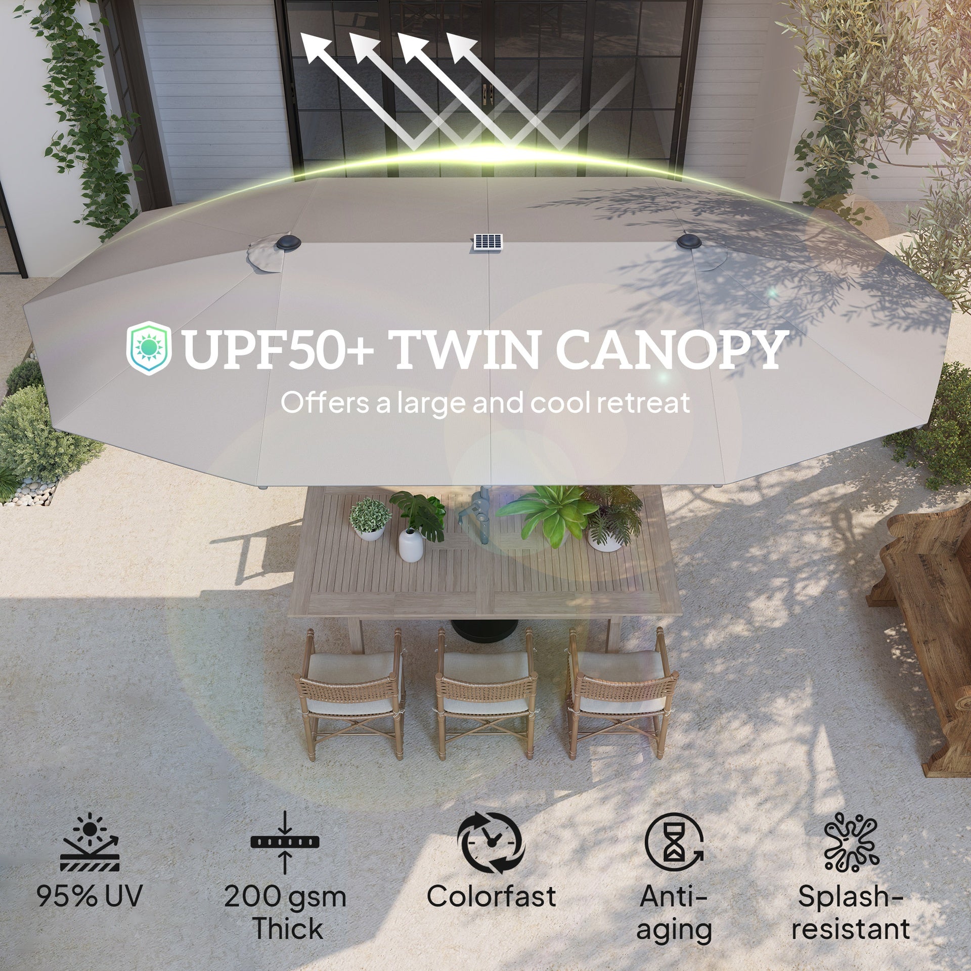 Outsunny 15ft Double-Sided Outdoor Umbrella with Solar Lights, UPF50+ Extra Large Aluminum Patio Umbrella with Crank, Dark Gray