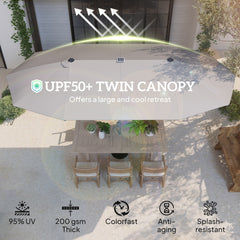 Outsunny 15ft Double-Sided Outdoor Umbrella with Solar Lights, UPF50+ Extra Large Aluminum Patio Umbrella with Crank, Dark Gray