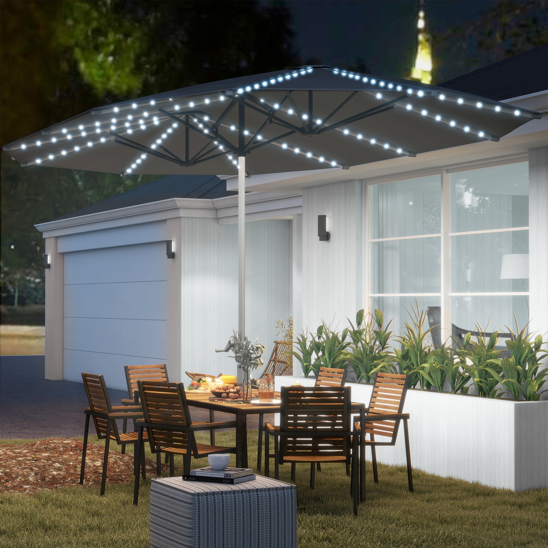Outsunny 15ft Double-Sided Outdoor Umbrella with Solar Lights, UPF50+ Extra Large Aluminum Patio Umbrella with Crank, Dark Gray