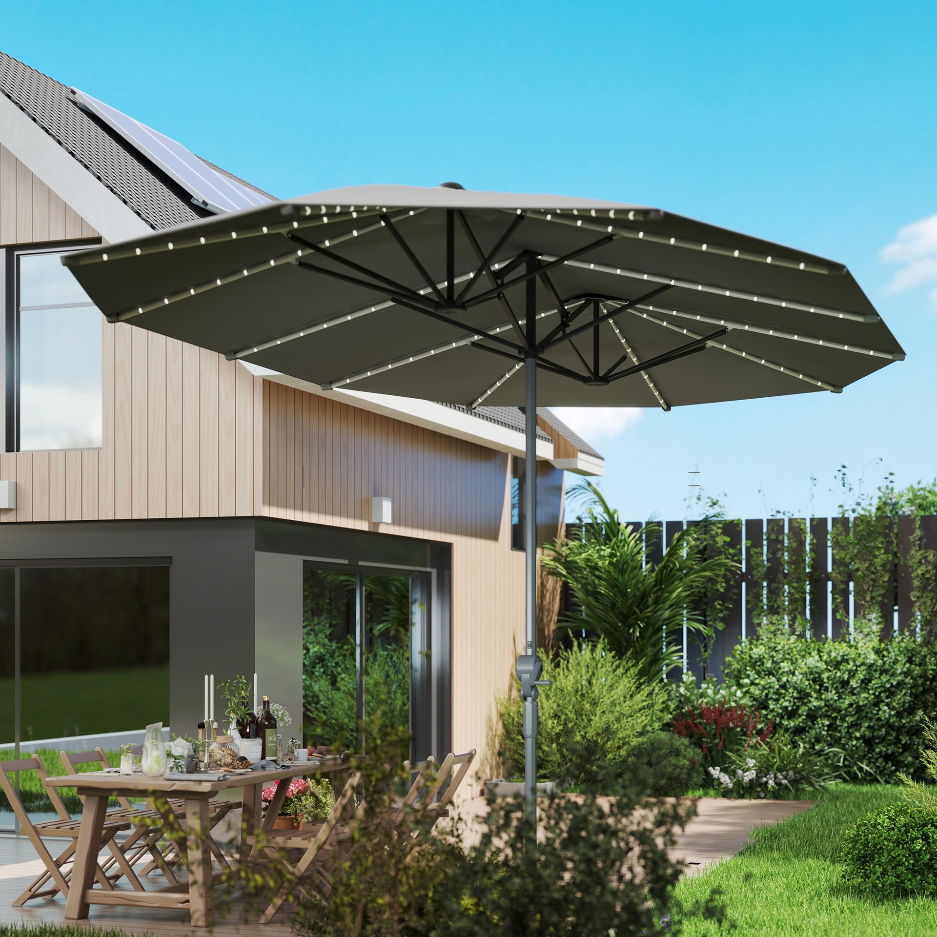 Outsunny 15ft Double-Sided Outdoor Umbrella with Solar Lights, UPF50+ Extra Large Aluminum Patio Umbrella with Crank, Dark Gray