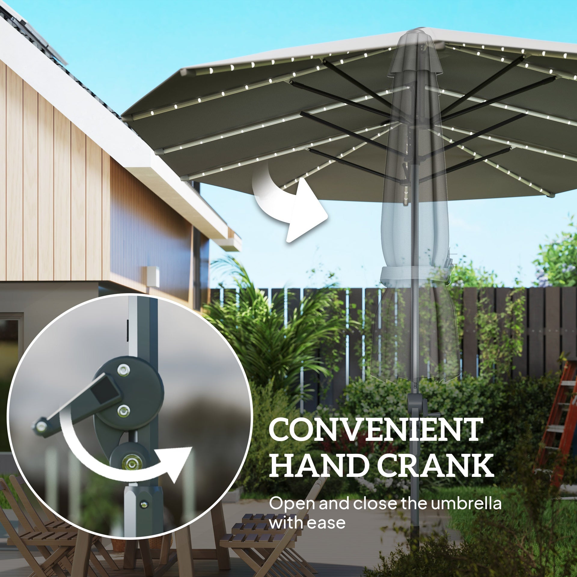 Outsunny 15ft Double-Sided Outdoor Umbrella with Solar Lights, UPF50+ Extra Large Aluminum Patio Umbrella with Crank, Dark Gray