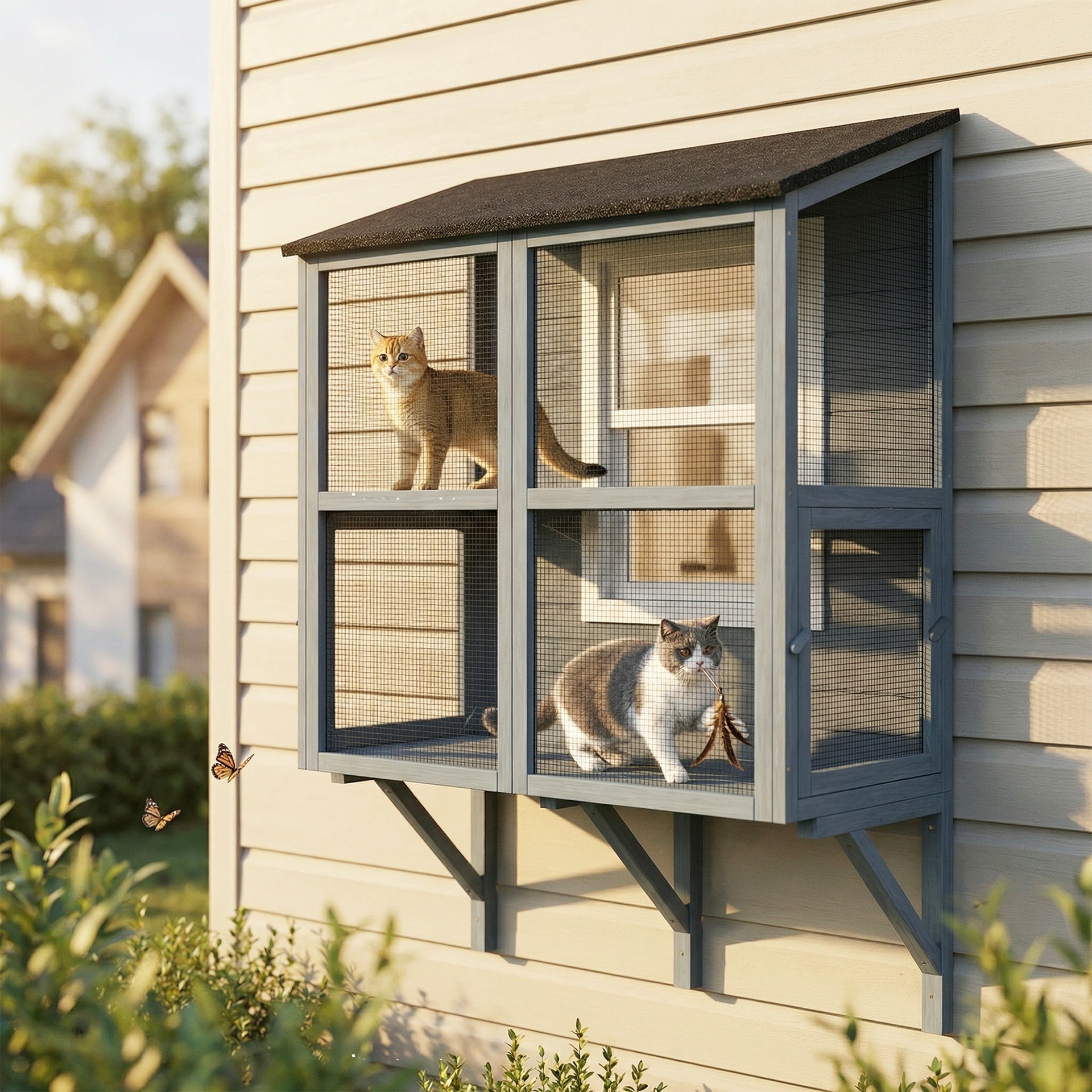 PawHut Catio Outdoor Cat Enclosure Outdoor Window Box Cat House with Waterproof Roof 39.4"L Gray