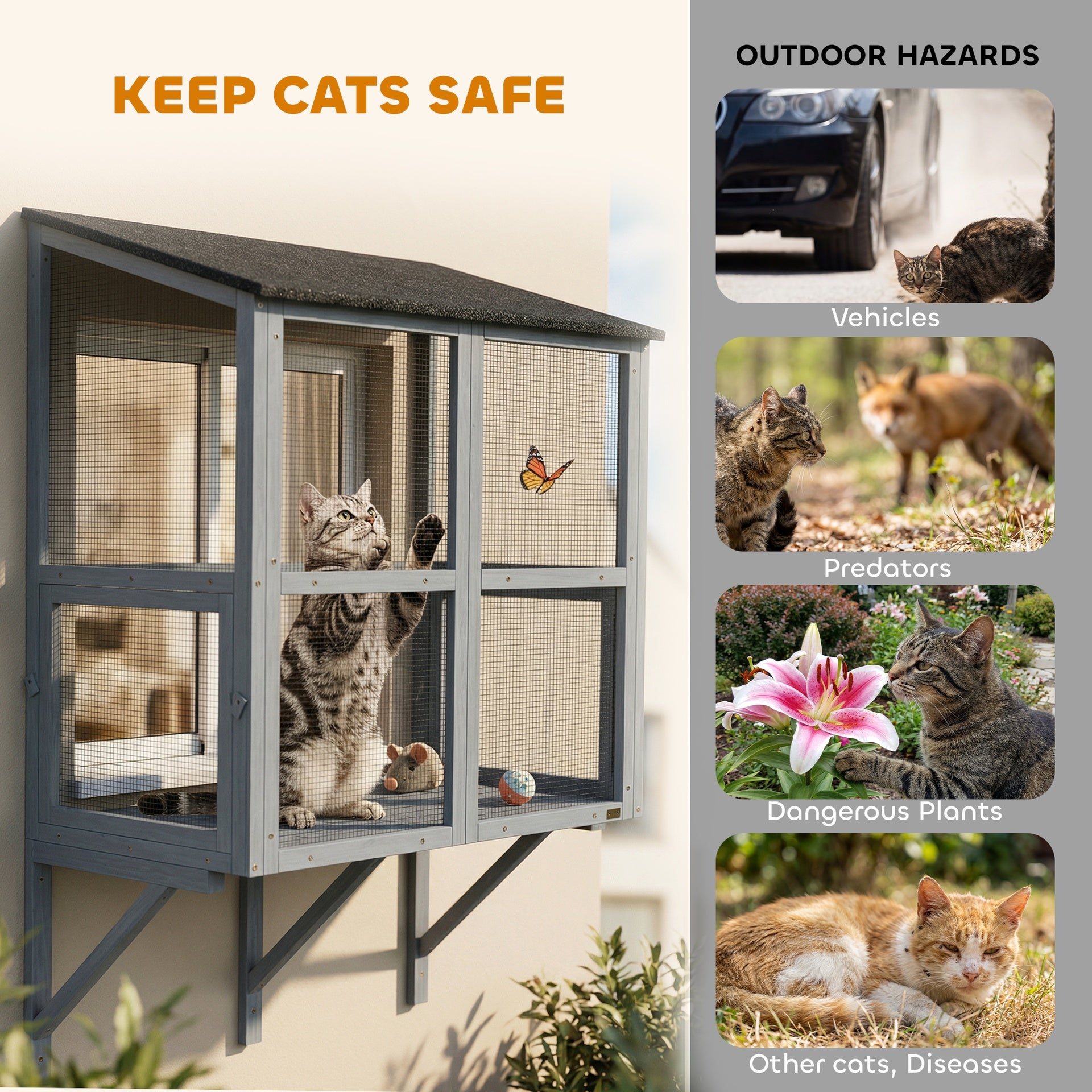 PawHut Catio Outdoor Cat Enclosure Outdoor Window Box Cat House with Waterproof Roof 39.4"L Gray