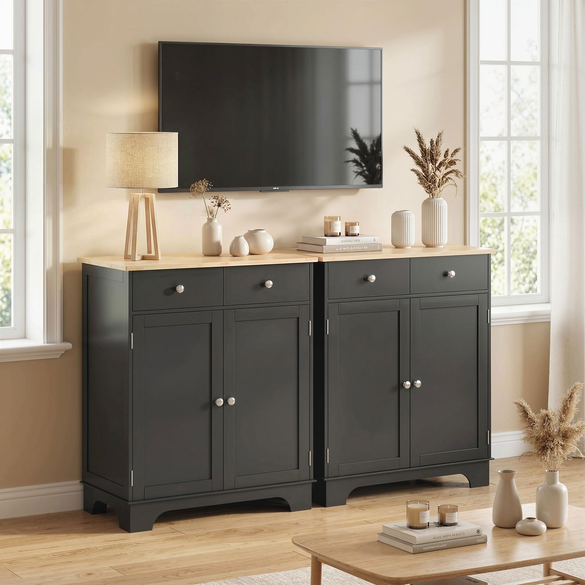 HOMCOM Kitchen Storage Cabinet, Sideboard Floor Cupboard with Solid Wood Top, Adjustable Shelf, and 2 Drawers, Black