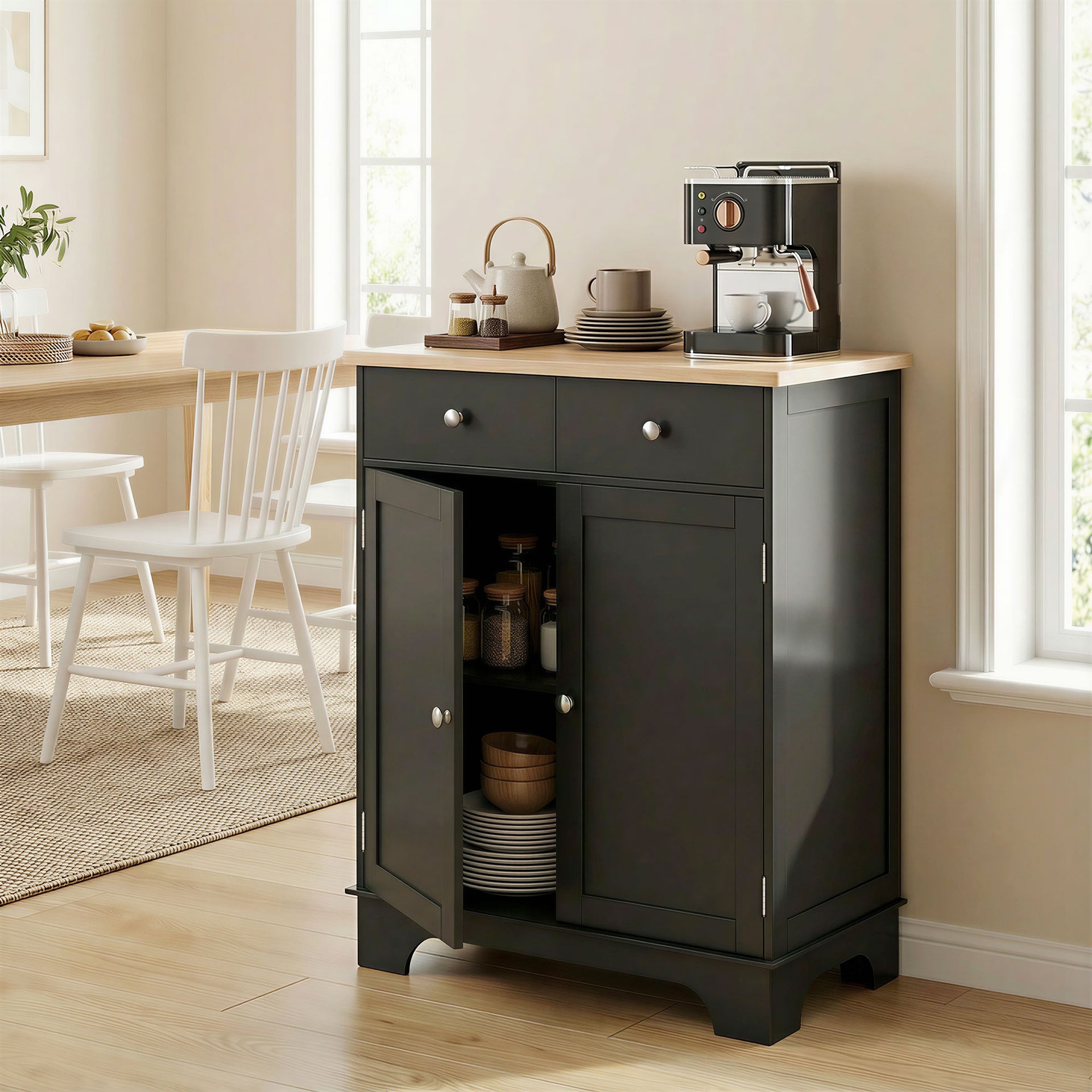 HOMCOM Kitchen Storage Cabinet, Sideboard Floor Cupboard with Solid Wood Top, Adjustable Shelf, and 2 Drawers, Black