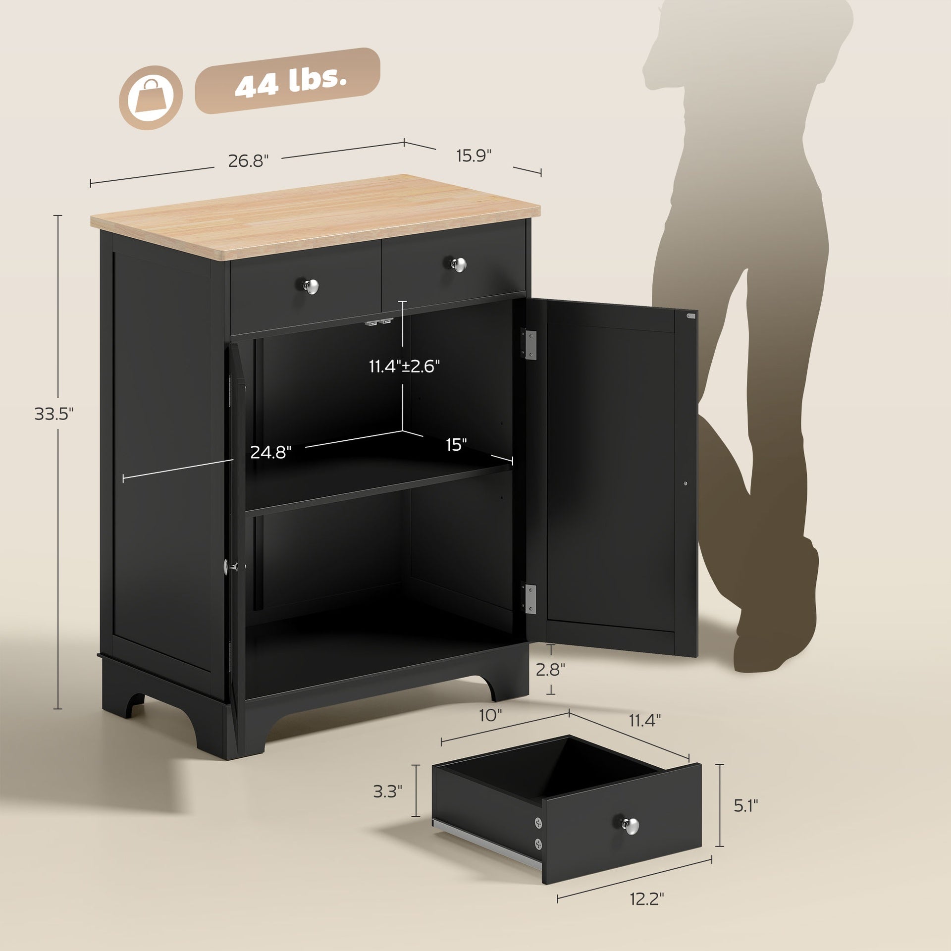 HOMCOM Kitchen Storage Cabinet, Sideboard Floor Cupboard with Solid Wood Top, Adjustable Shelf, and 2 Drawers, Black