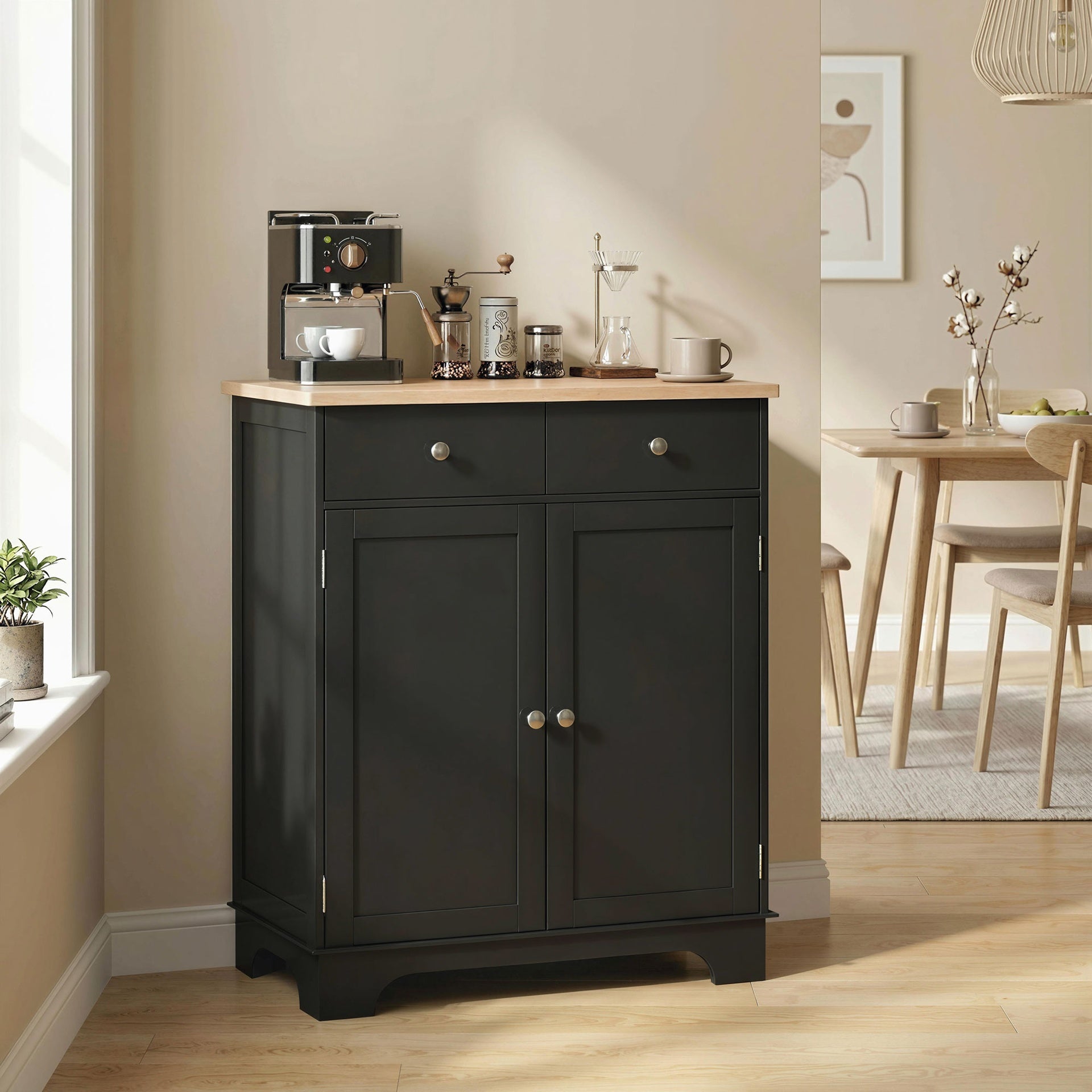 HOMCOM Kitchen Storage Cabinet, Sideboard Floor Cupboard with Solid Wood Top, Adjustable Shelf, and 2 Drawers, Black