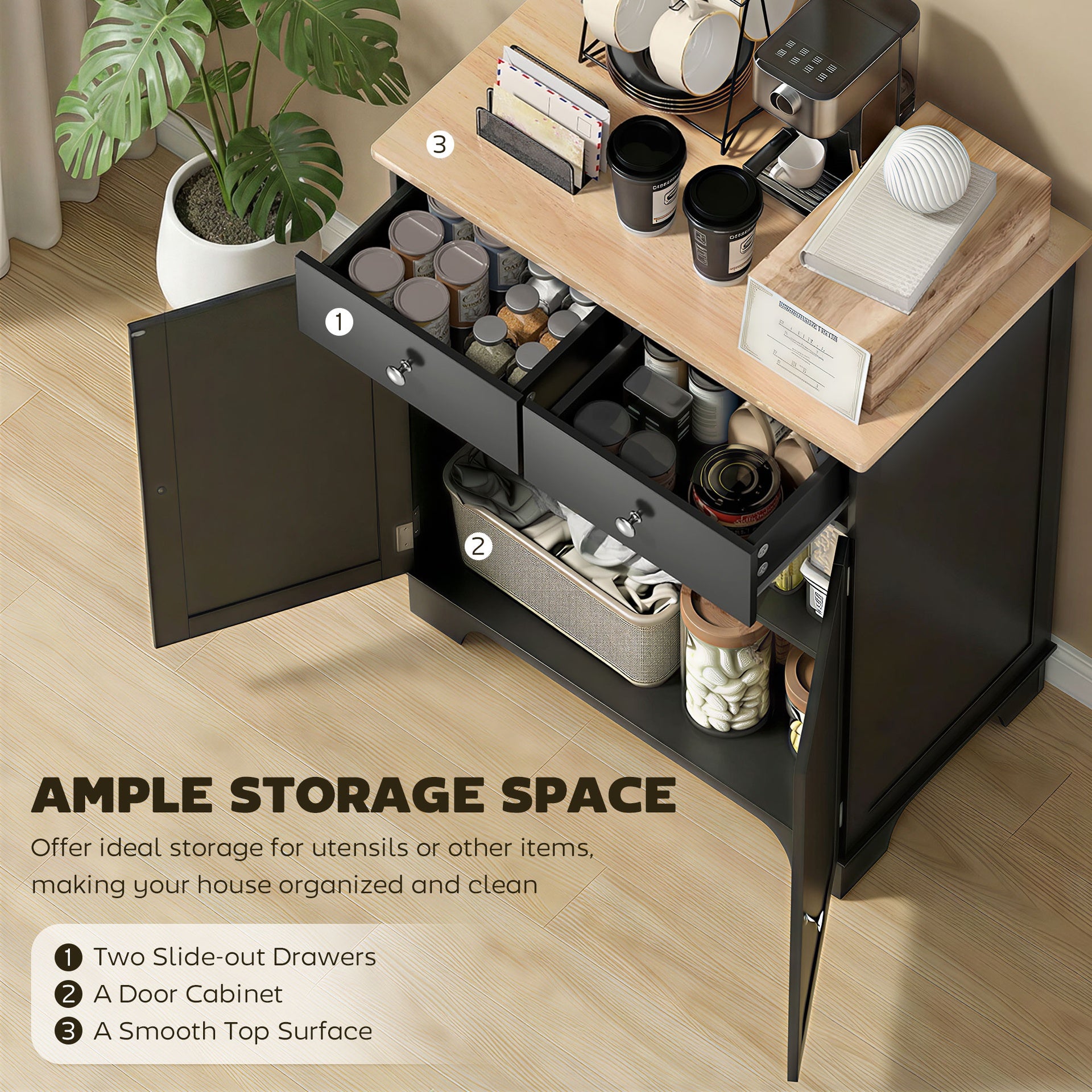 HOMCOM Kitchen Storage Cabinet, Sideboard Floor Cupboard with Solid Wood Top, Adjustable Shelf, and 2 Drawers, Black