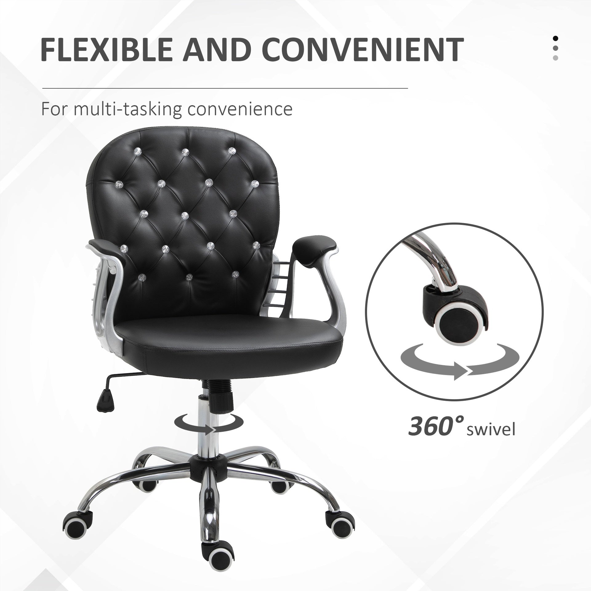 Vinsetto Makeup Vanity Chair, PU Leather Computer Task Chair with Button Tufted, Padded Armrests, Adjustable Height and Swivel Wheels, Black
