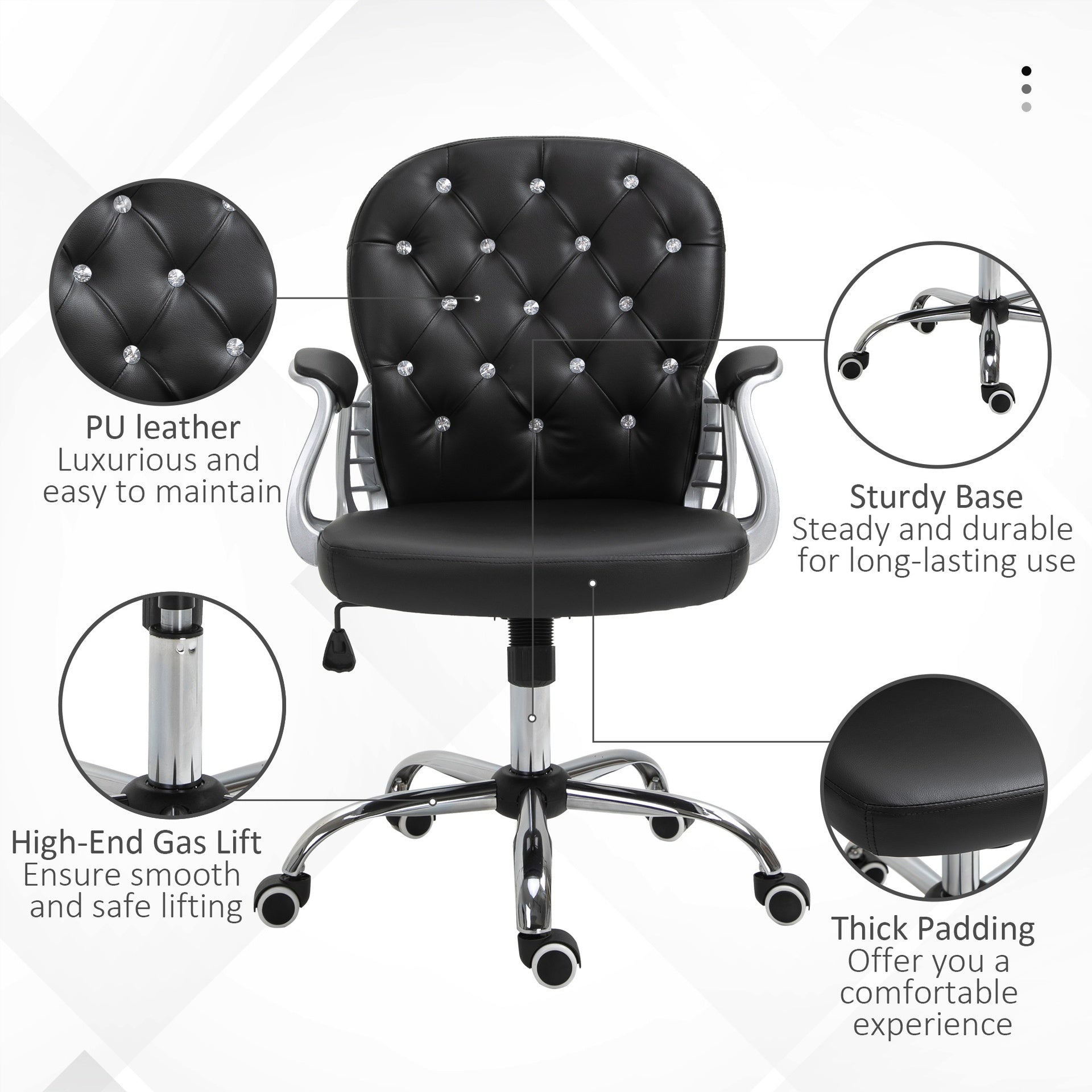 Vinsetto Makeup Vanity Chair, PU Leather Computer Task Chair with Button Tufted, Padded Armrests, Adjustable Height and Swivel Wheels, Black