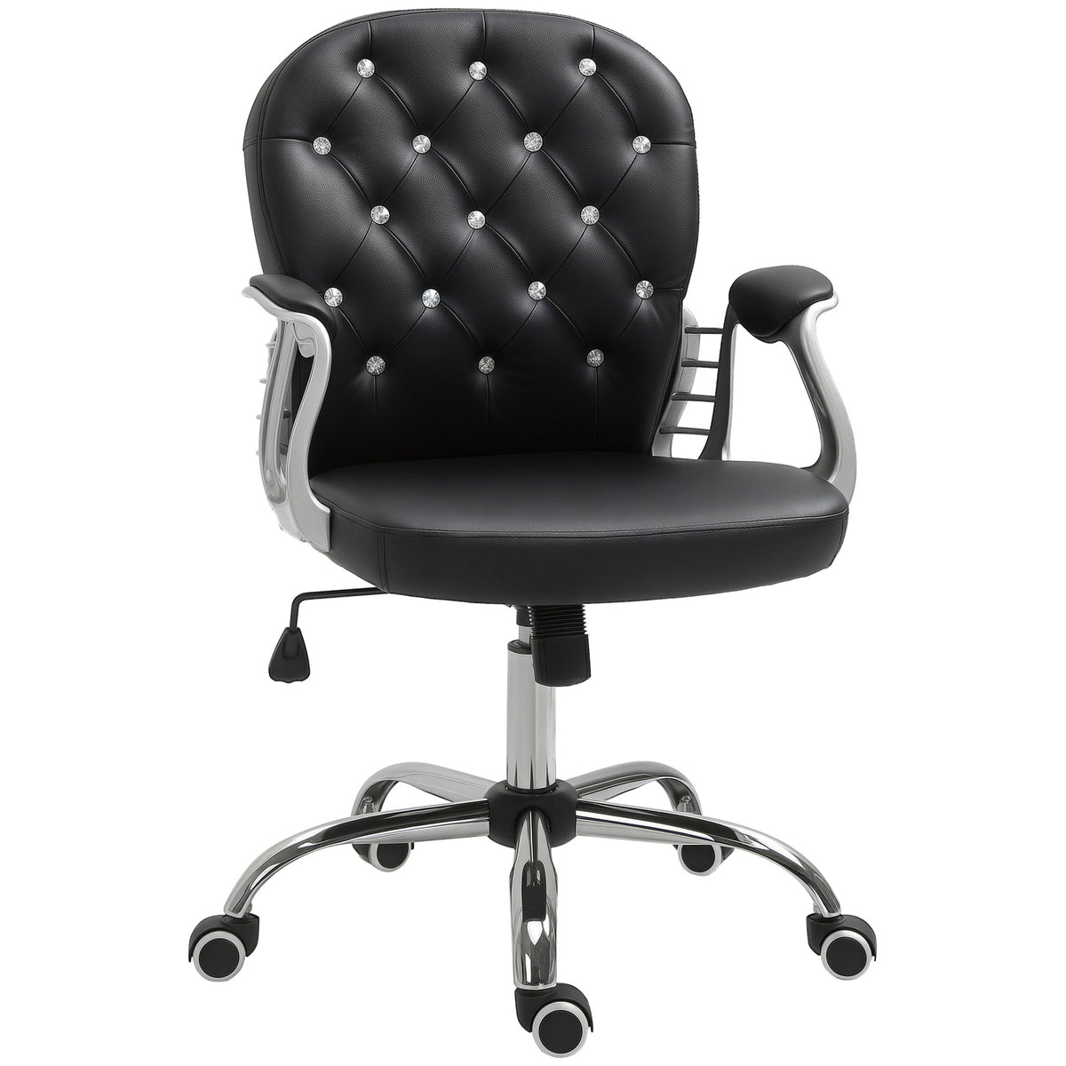 Vinsetto Makeup Vanity Chair, PU Leather Computer Task Chair with Button Tufted, Padded Armrests, Adjustable Height and Swivel Wheels, Black