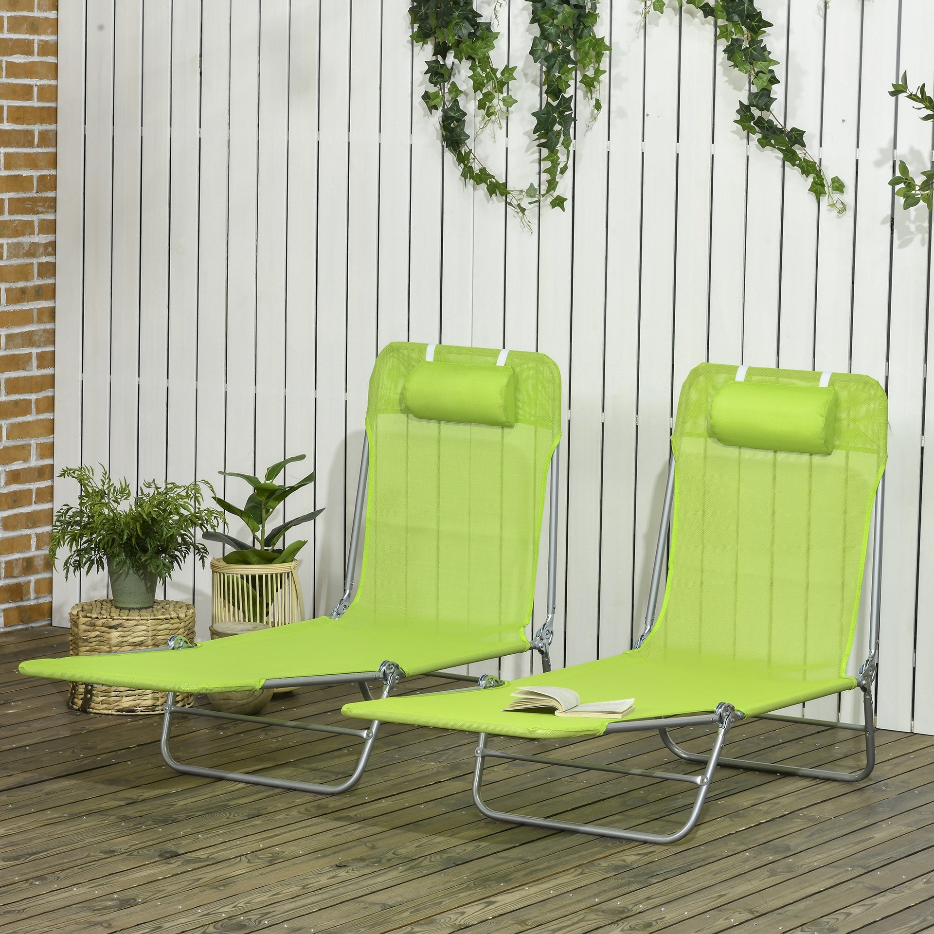 Outsunny 2 Piece Folding Chaise Lounge Chairs, Pool Sun Tanning Chairs with Reclining Back, Breathable Mesh Seat, Headrest for Beach, Yard, Patio, Green