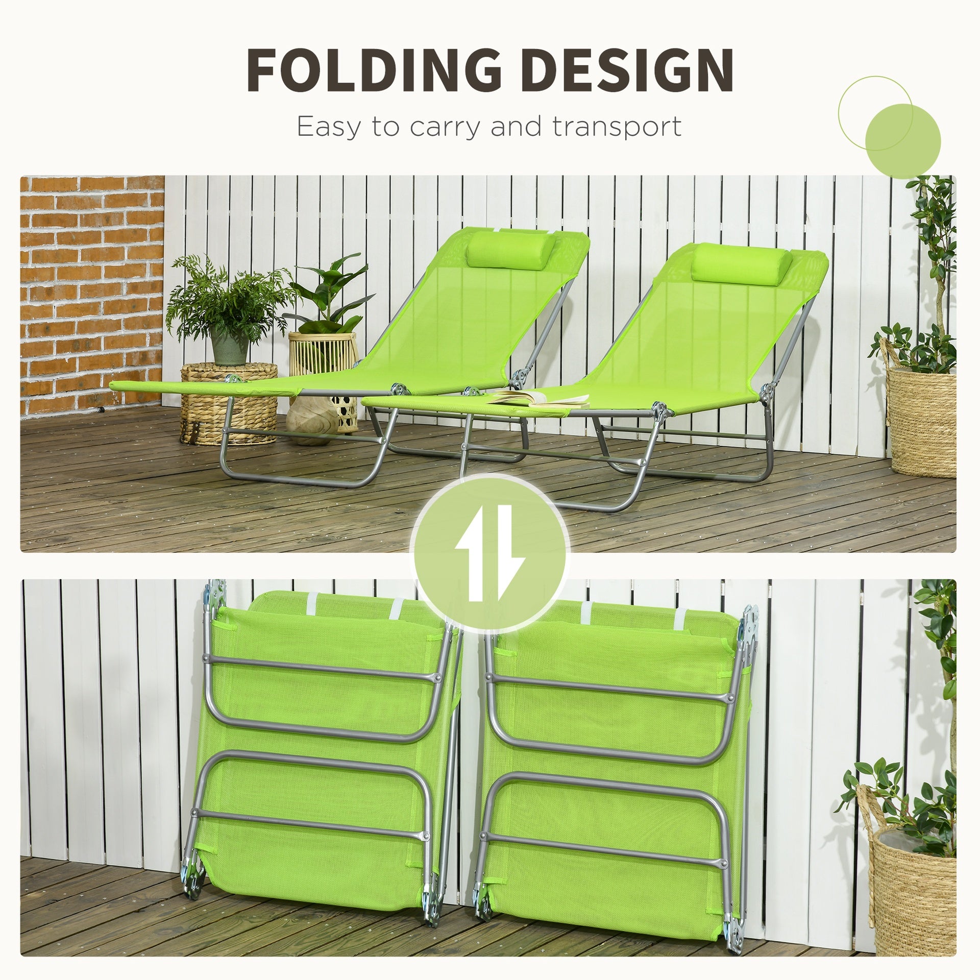 Outsunny 2 Piece Folding Chaise Lounge Chairs, Pool Sun Tanning Chairs with Reclining Back, Breathable Mesh Seat, Headrest for Beach, Yard, Patio, Green
