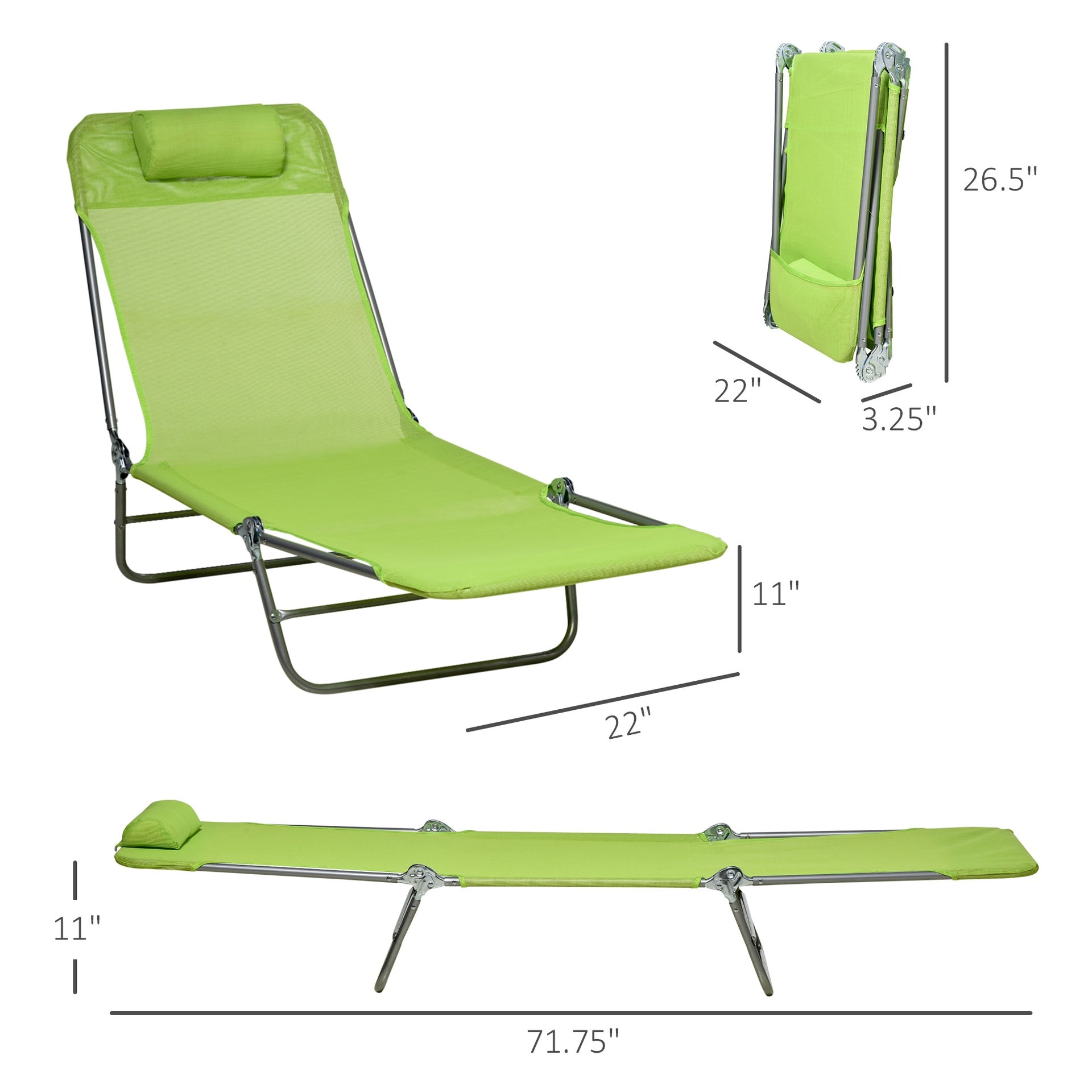 Outsunny 2 Piece Folding Chaise Lounge Chairs, Pool Sun Tanning Chairs with Reclining Back, Breathable Mesh Seat, Headrest for Beach, Yard, Patio, Green