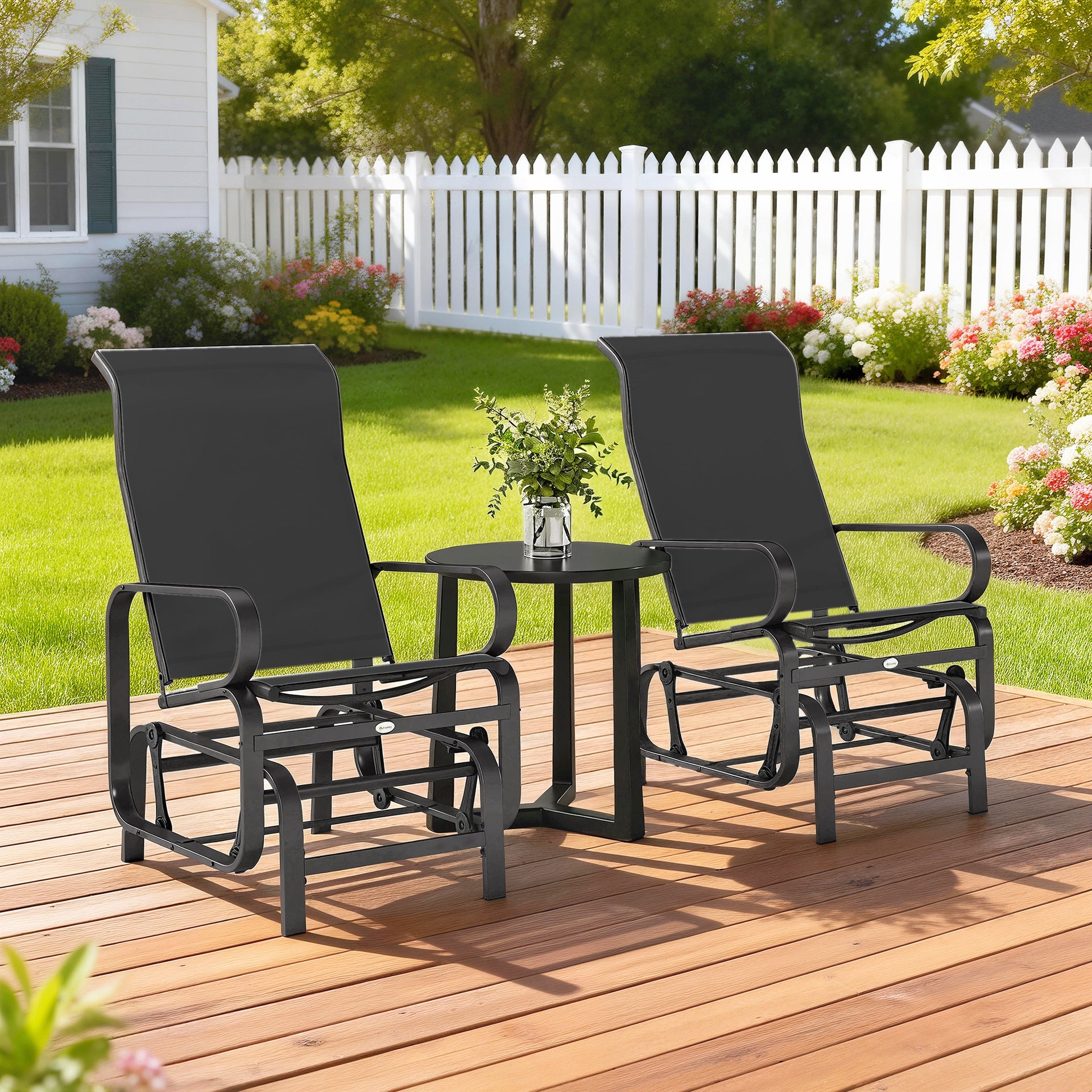 Outsunny Gliding Lounger Chair Set of 2, Single Rockers with Lightweight Metal & Mesh Construction, Black