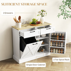 HOMCOM 10 Gallon Farmhouse Kitchen Cabinet with Hidden Trash Can and 2 Drawers, Tilt Out Trash Can Cabinet for Kitchen, White