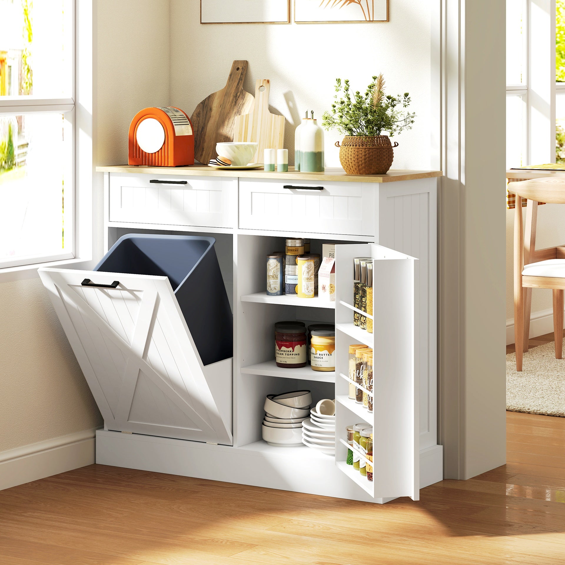 HOMCOM 10 Gallon Farmhouse Kitchen Cabinet with Hidden Trash Can and 2 Drawers, Tilt Out Trash Can Cabinet for Kitchen, White