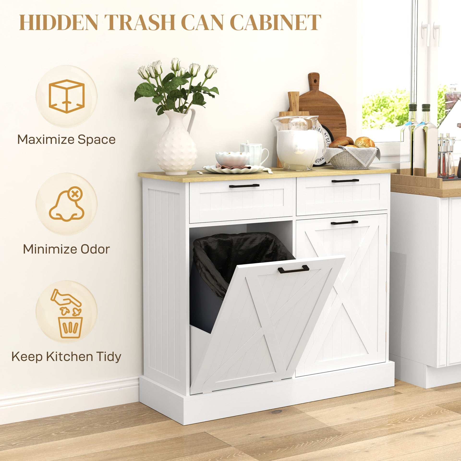 HOMCOM 10 Gallon Farmhouse Kitchen Cabinet with Hidden Trash Can and 2 Drawers, Tilt Out Trash Can Cabinet for Kitchen, White