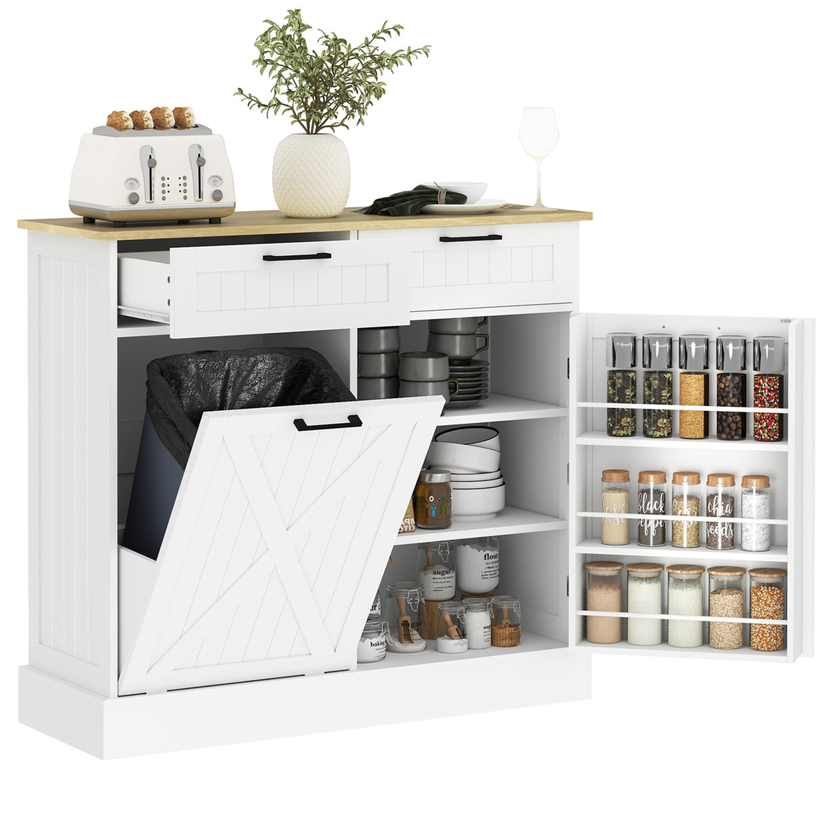 HOMCOM 10 Gallon Farmhouse Kitchen Cabinet with Hidden Trash Can and 2 Drawers, Tilt Out Trash Can Cabinet for Kitchen, White