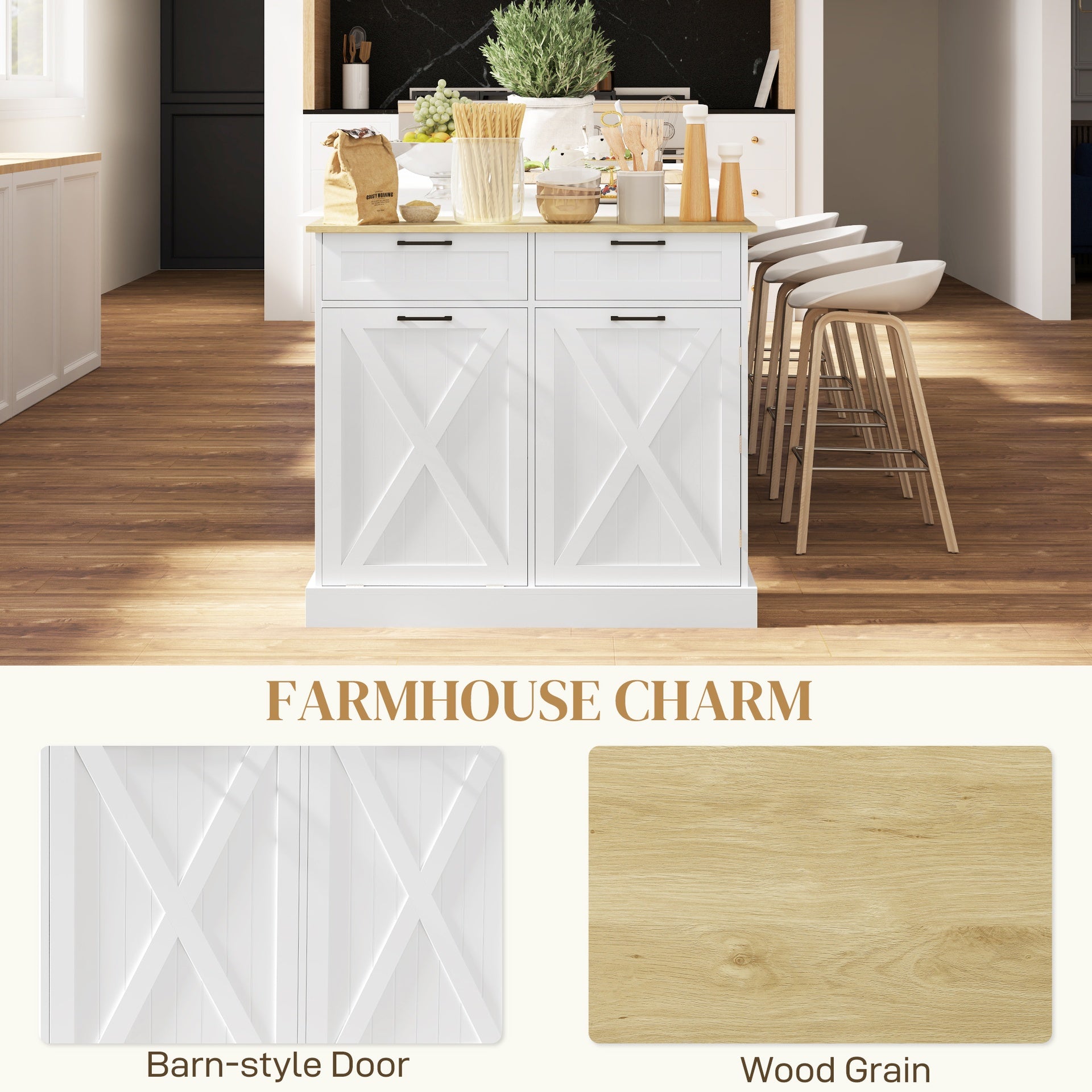HOMCOM 10 Gallon Farmhouse Kitchen Cabinet with Hidden Trash Can and 2 Drawers, Tilt Out Trash Can Cabinet for Kitchen, White