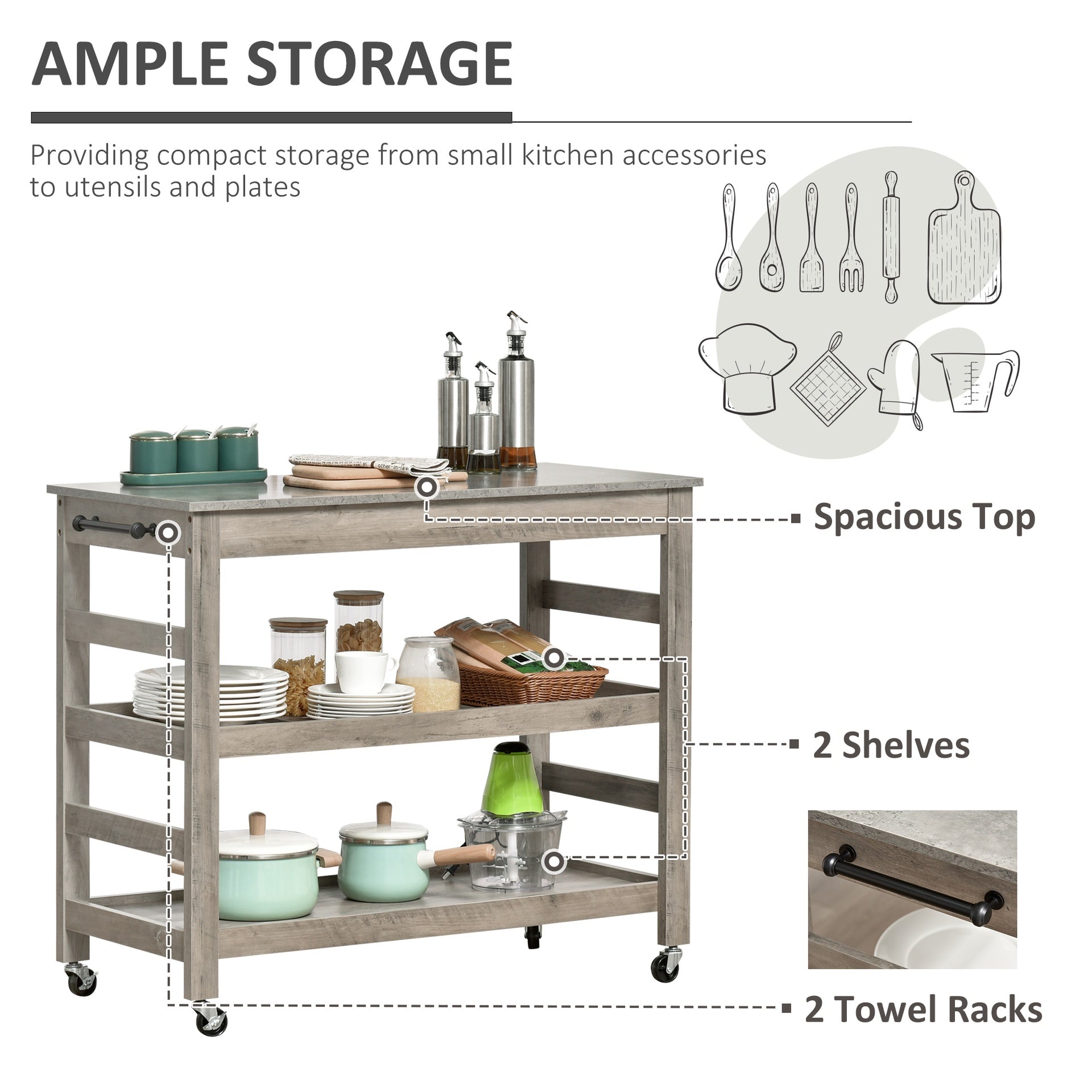 HOMCOM Kitchen Cart, Rolling Kitchen Island Utility Trolley with Stainless Steel Top