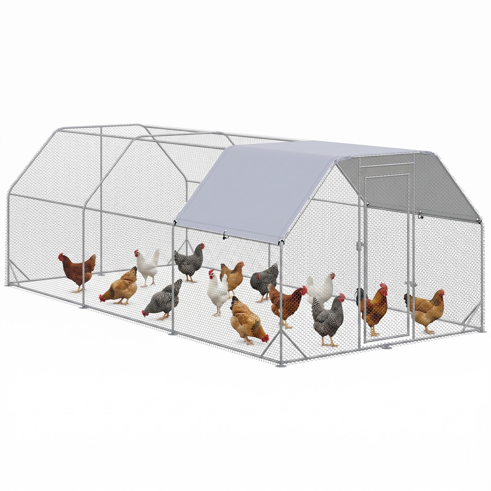PawHut Large Chicken Coop Metal Chicken Run with Waterproof and Anti-UV Cover, Flat Shaped Walk in Fence Cage Hen House for Outdoor and Yard Farm Use, 1" Tube Diameter, 9.2' x 18.7' x 6.4'