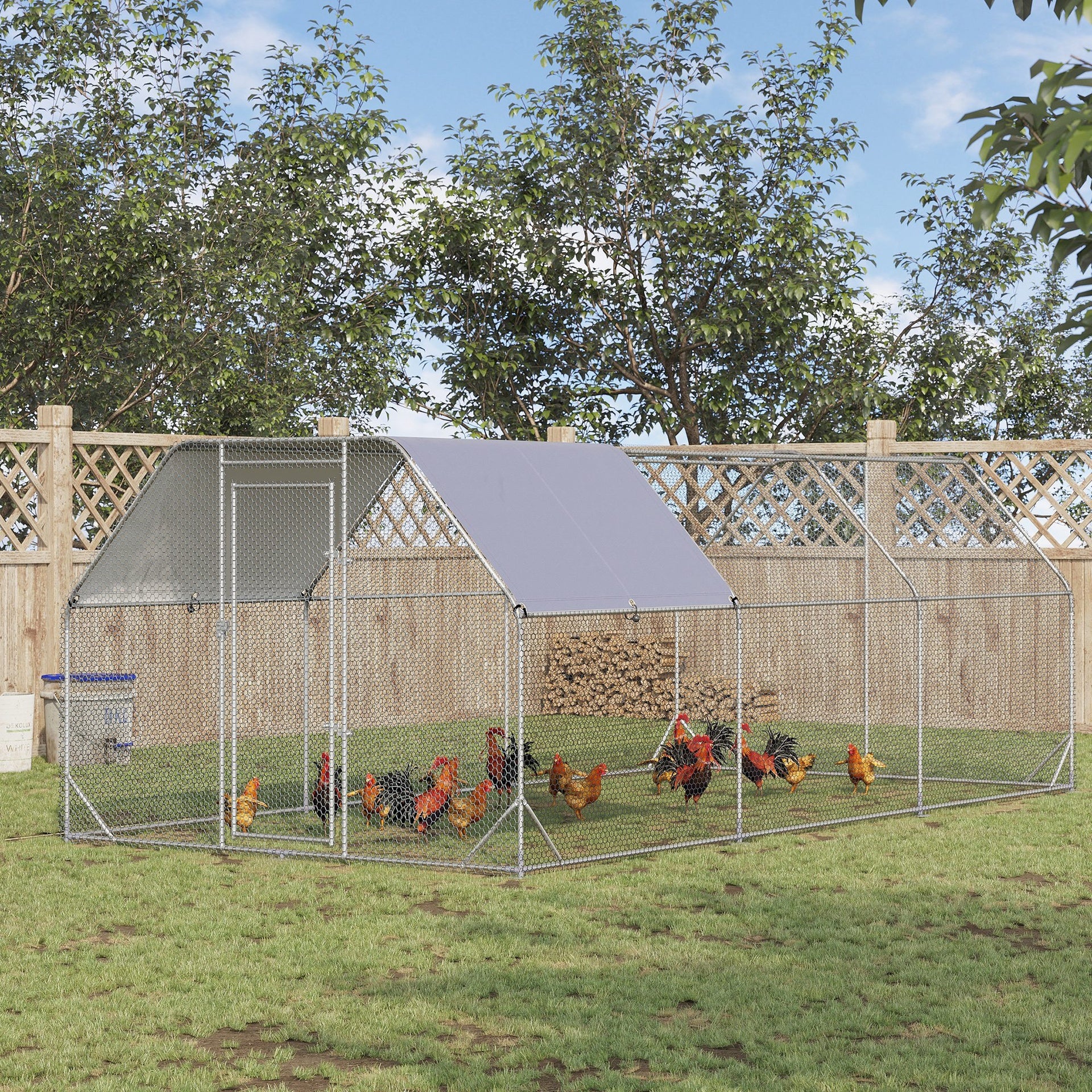 PawHut Large Chicken Coop Metal Chicken Run with Waterproof and Anti-UV Cover, Flat Shaped Walk in Fence Cage Hen House for Outdoor and Yard Farm Use, 1" Tube Diameter, 9.2' x 18.7' x 6.4'