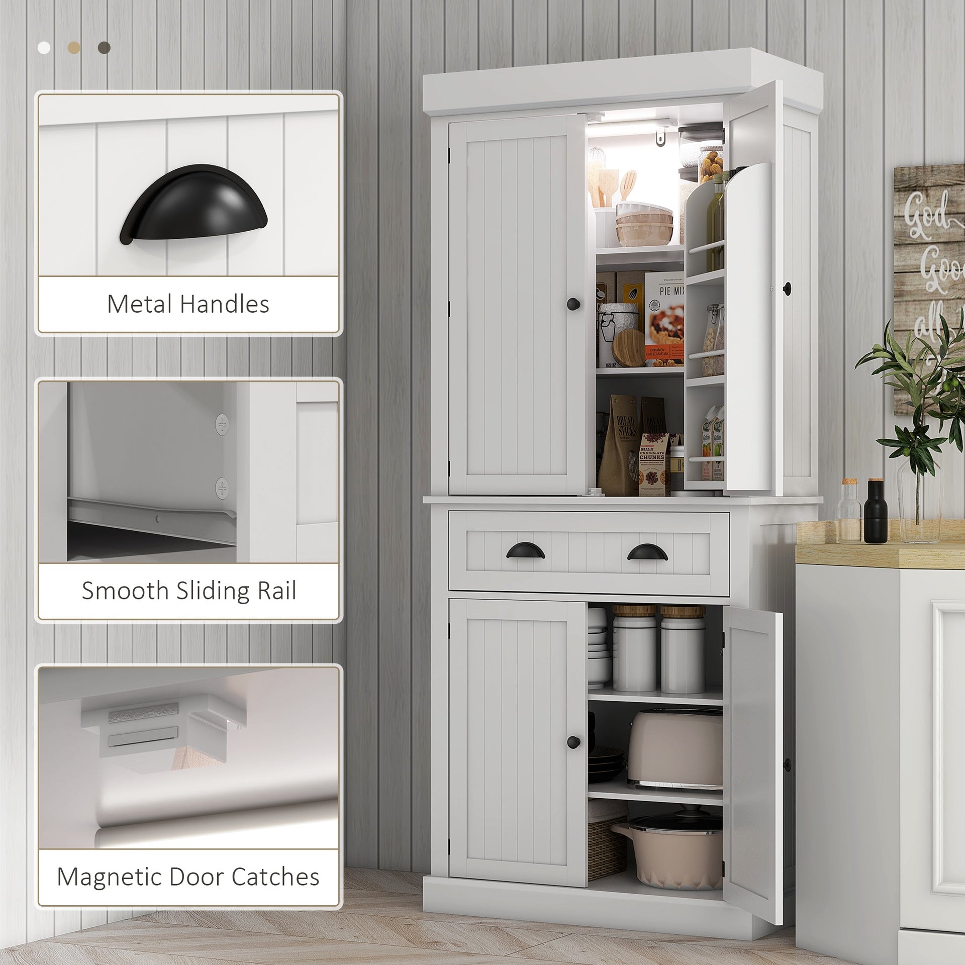 HOMCOM 71" Kitchen Pantry Cabinet with LED Lights, 6 Door Shelves, a Drawer and 4 Adjustable Shelves, White