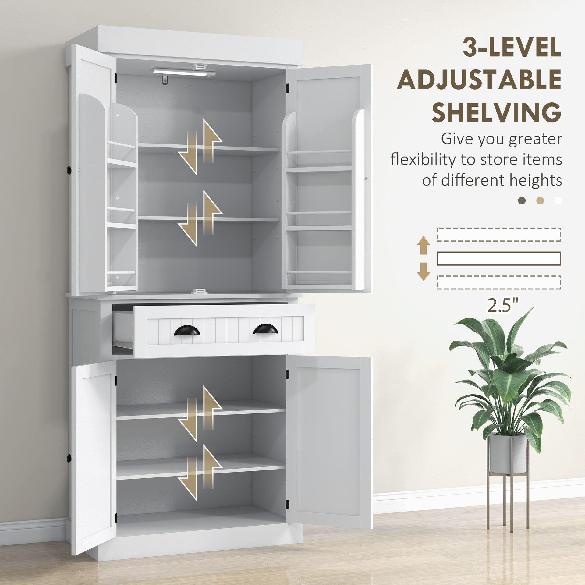 HOMCOM 71" Kitchen Pantry Cabinet with LED Lights, 6 Door Shelves, a Drawer and 4 Adjustable Shelves, White