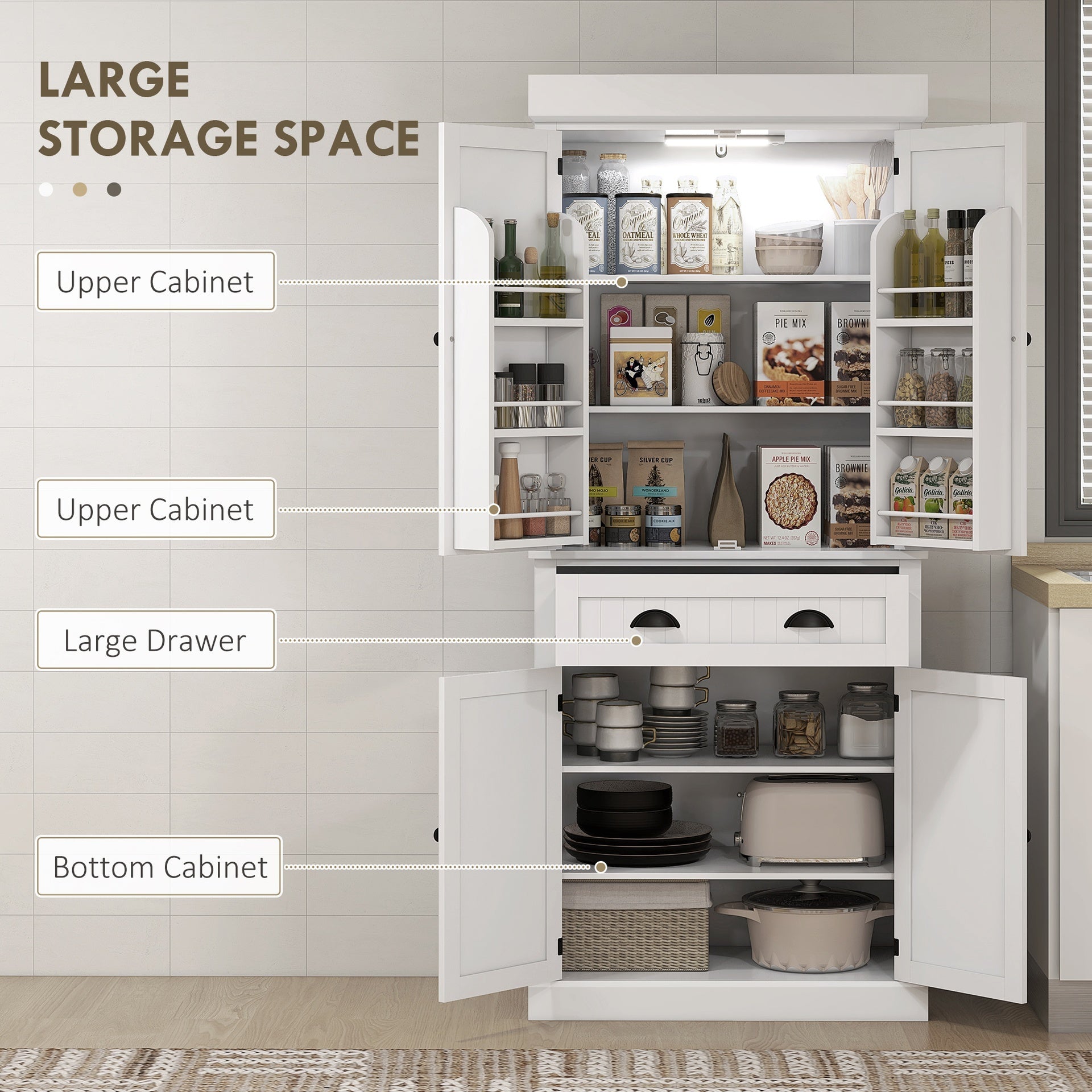HOMCOM 71" Kitchen Pantry Cabinet with LED Lights, 6 Door Shelves, a Drawer and 4 Adjustable Shelves, White