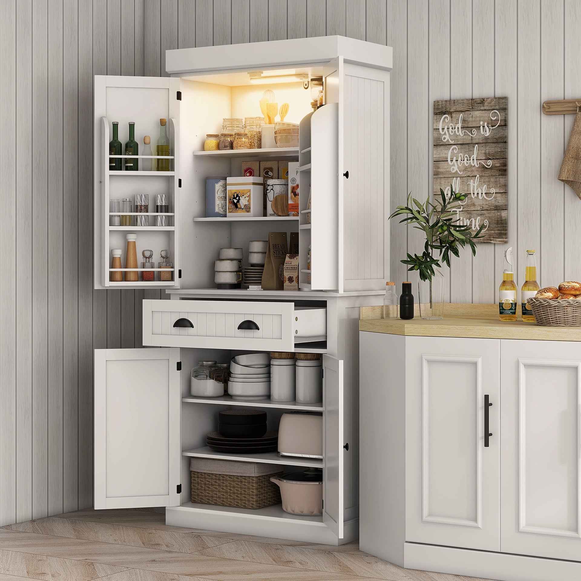 HOMCOM 71" Kitchen Pantry Cabinet with LED Lights, 6 Door Shelves, a Drawer and 4 Adjustable Shelves, White