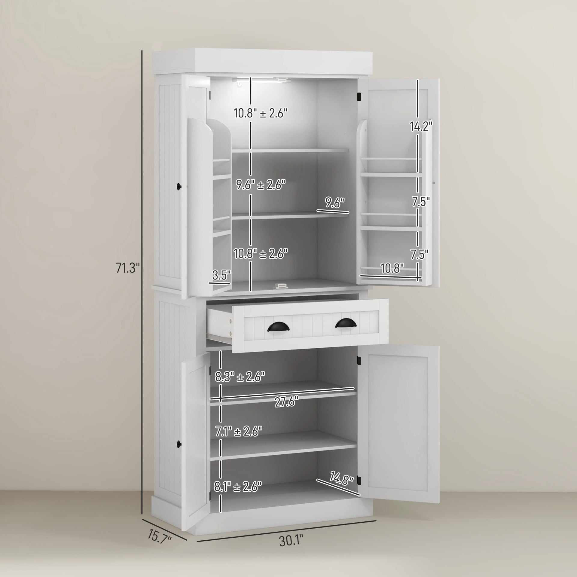 HOMCOM 71" Kitchen Pantry Cabinet with LED Lights, 6 Door Shelves, a Drawer and 4 Adjustable Shelves, White