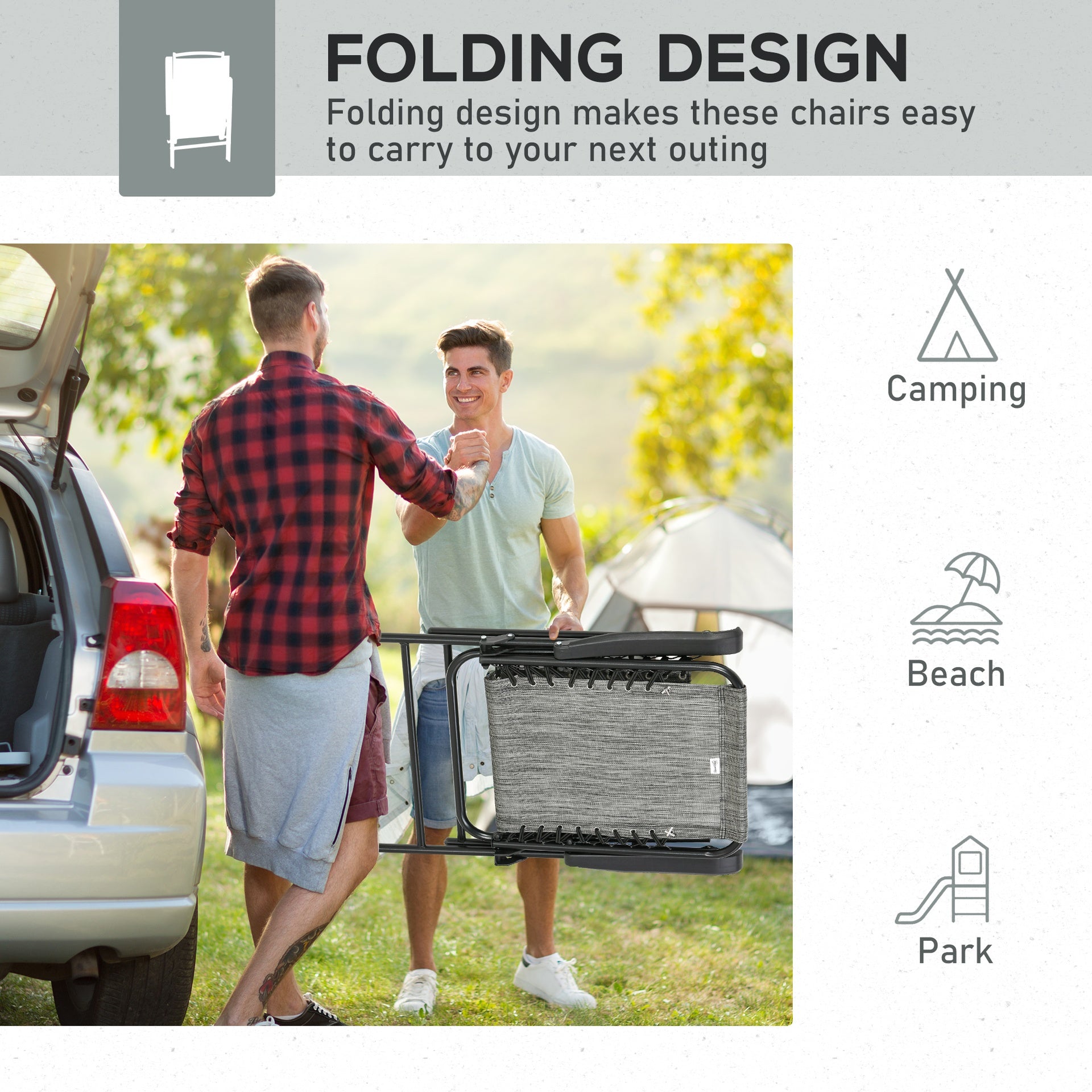 Outsunny 2 Pieces Outdoor Folding Chair Set, Portable Capimg Chairs with Armrest for Patio, Pool, Beach, Gray