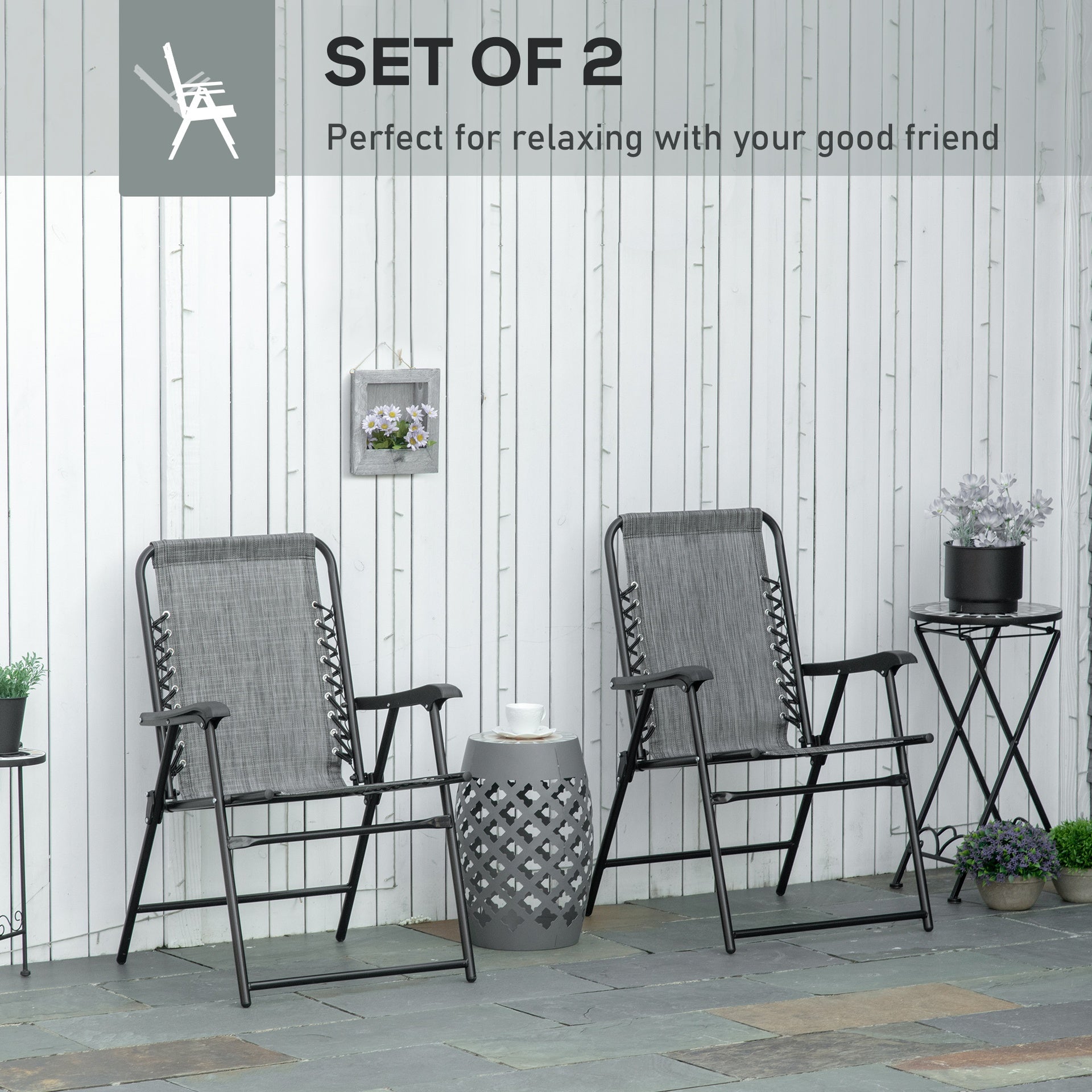 Outsunny 2 Pieces Outdoor Folding Chair Set, Portable Capimg Chairs with Armrest for Patio, Pool, Beach, Gray
